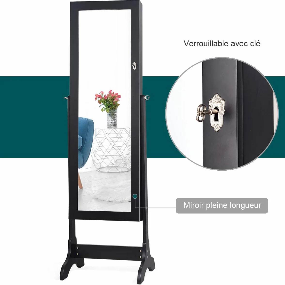 COSTWAY Armoire à Bijoux sur Pied avec Miroir Pivotante 4 Niveaux 8 Étagères Rangement Bijoux Noir