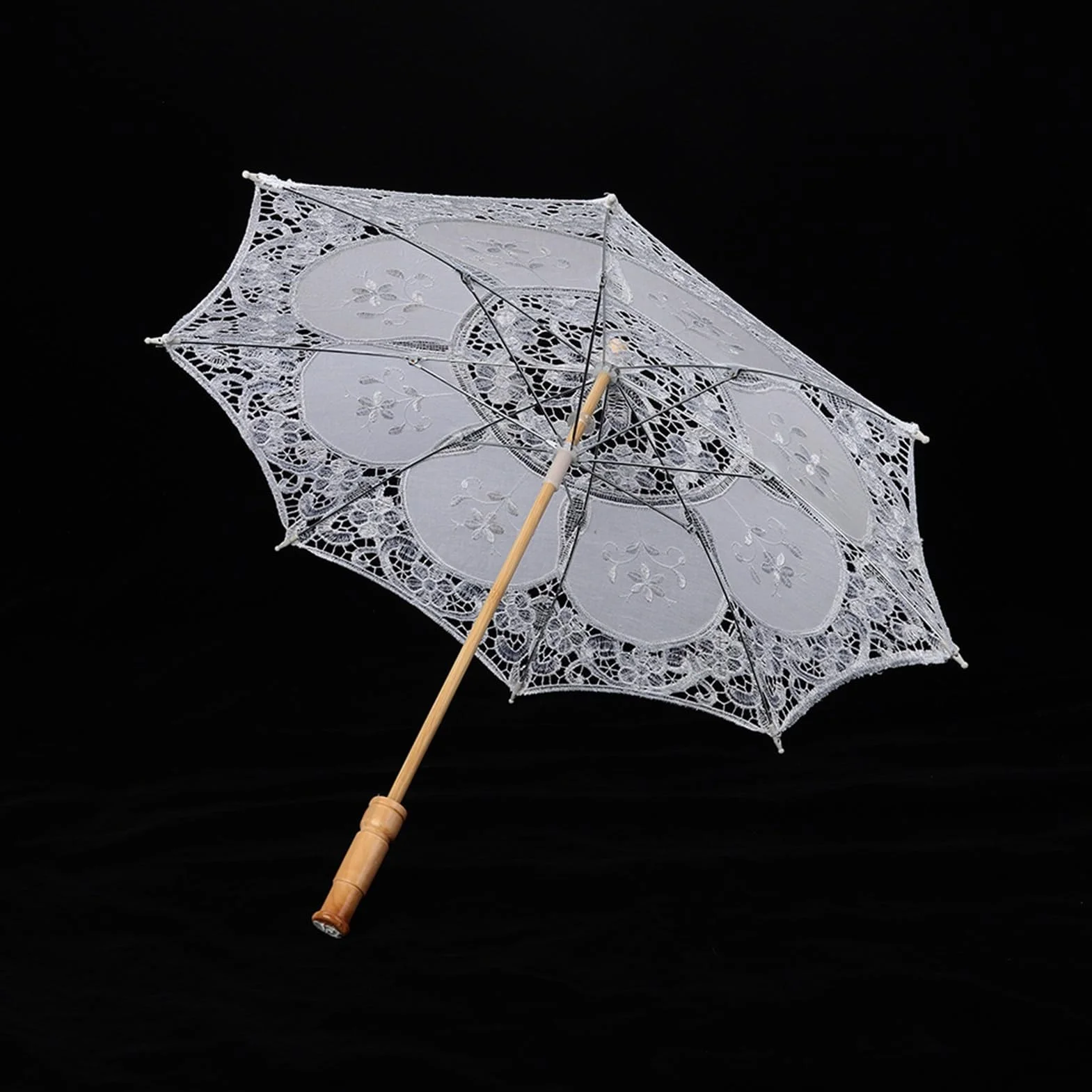 Parapluie de Mariée en Dentelle avec Manche en Bois, Broderie Fleurs Faite à la Main (L)