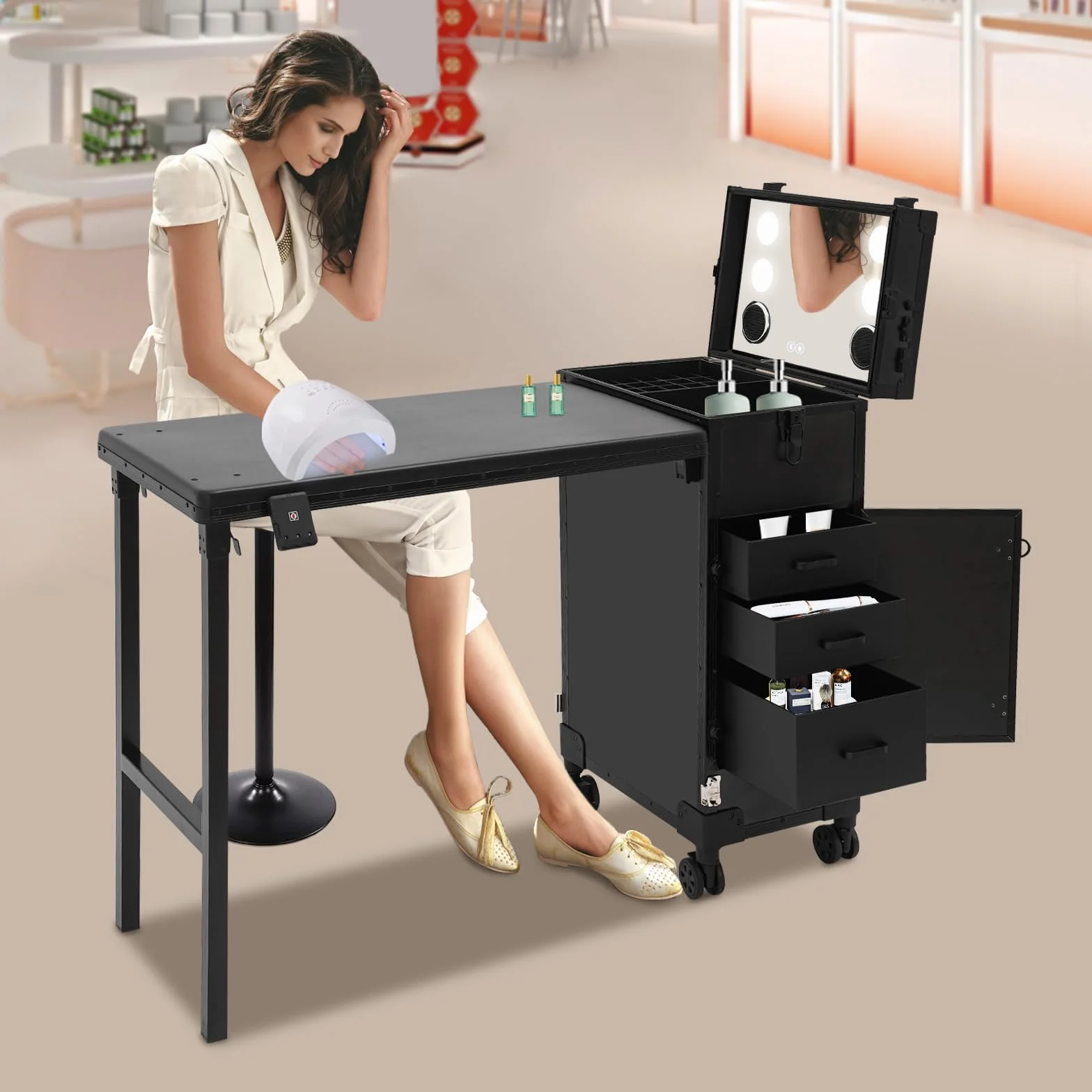 Mallette de maquillage avec miroir LED Bluetooth 3 tiroirs verrouillable 71 x 38 cm Noir