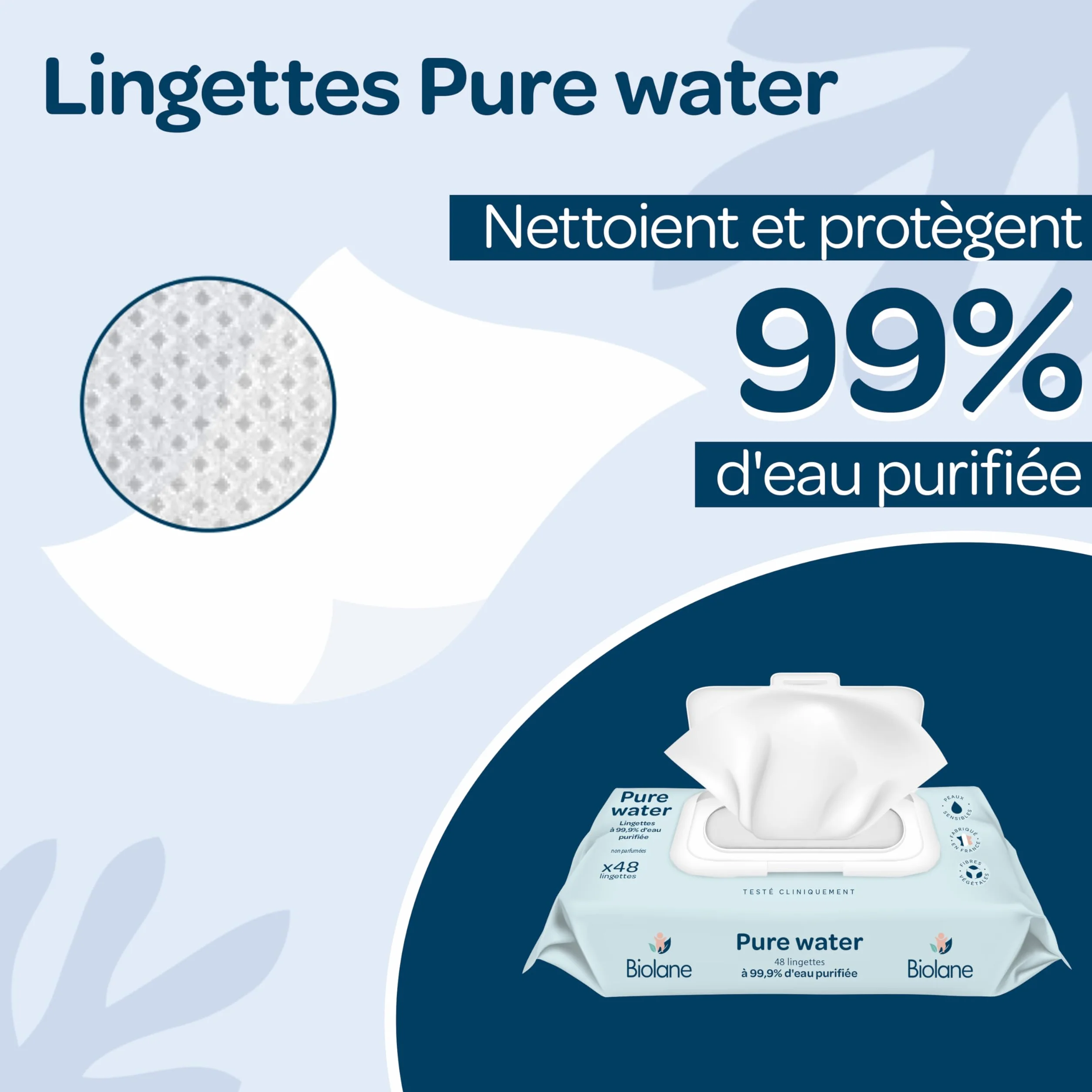 BIOLANE Lingettes bébé nettoyantes Pure Water 144 Lingettes Lot de 3x48 Eau Purifiée Peaux Sensibles