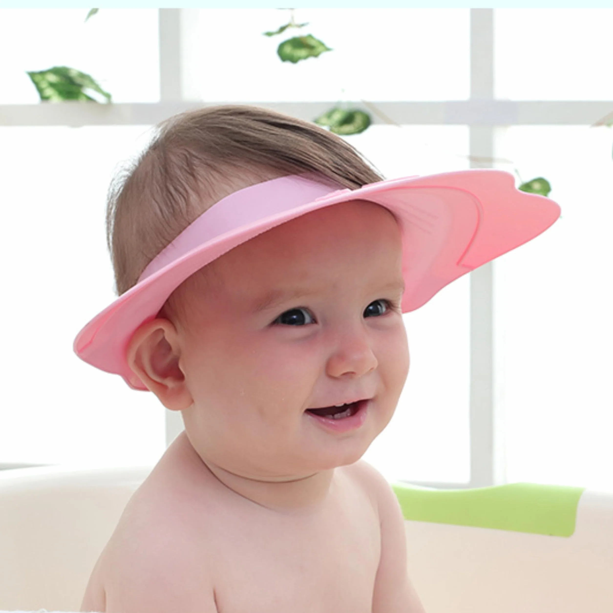 Casquette de bain bébé silicone rose protection yeux oreilles enfants 0-9 ans