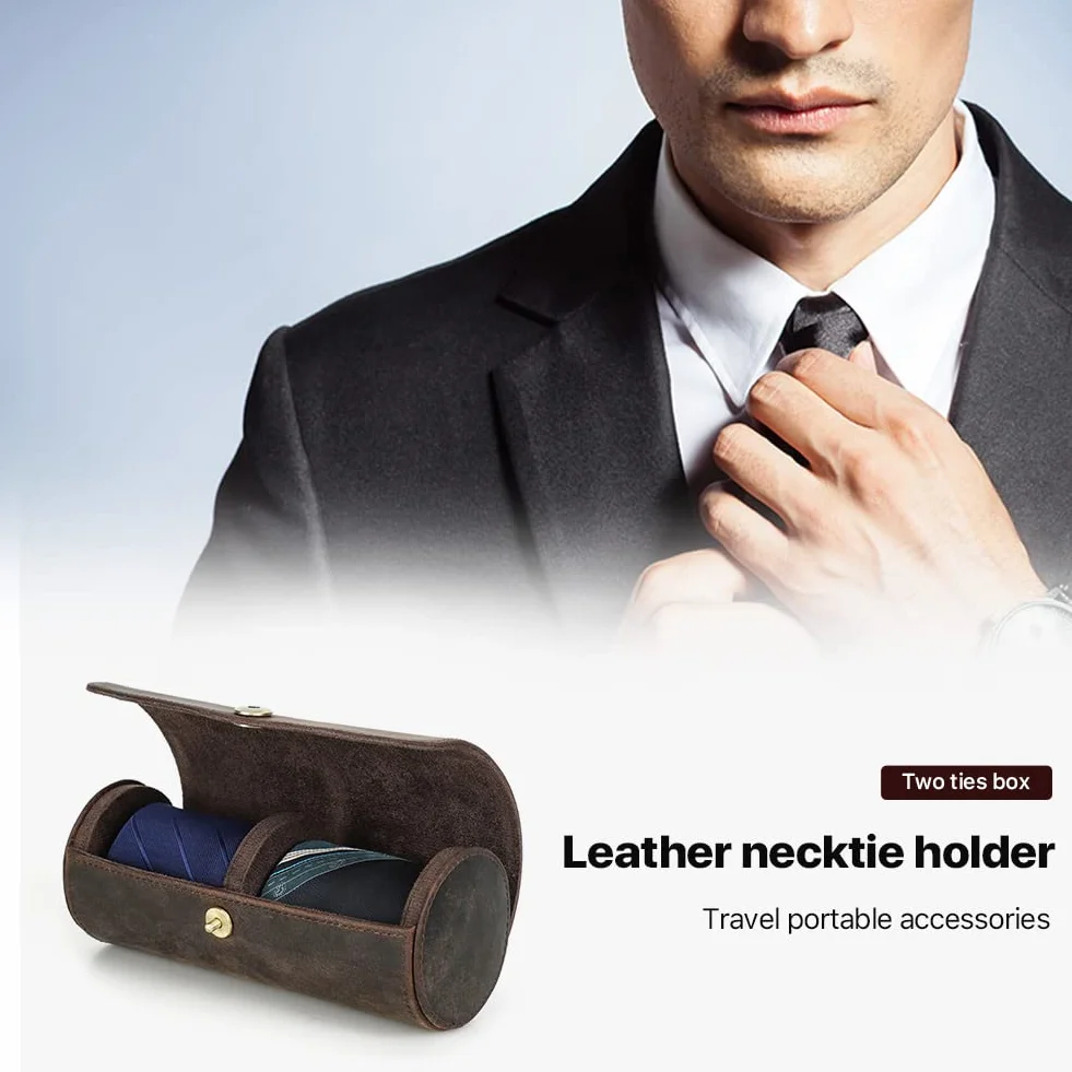 Hiram Organiseur de Cravates en Cuir Véritable Portable pour Homme, Contient 2 Cravates