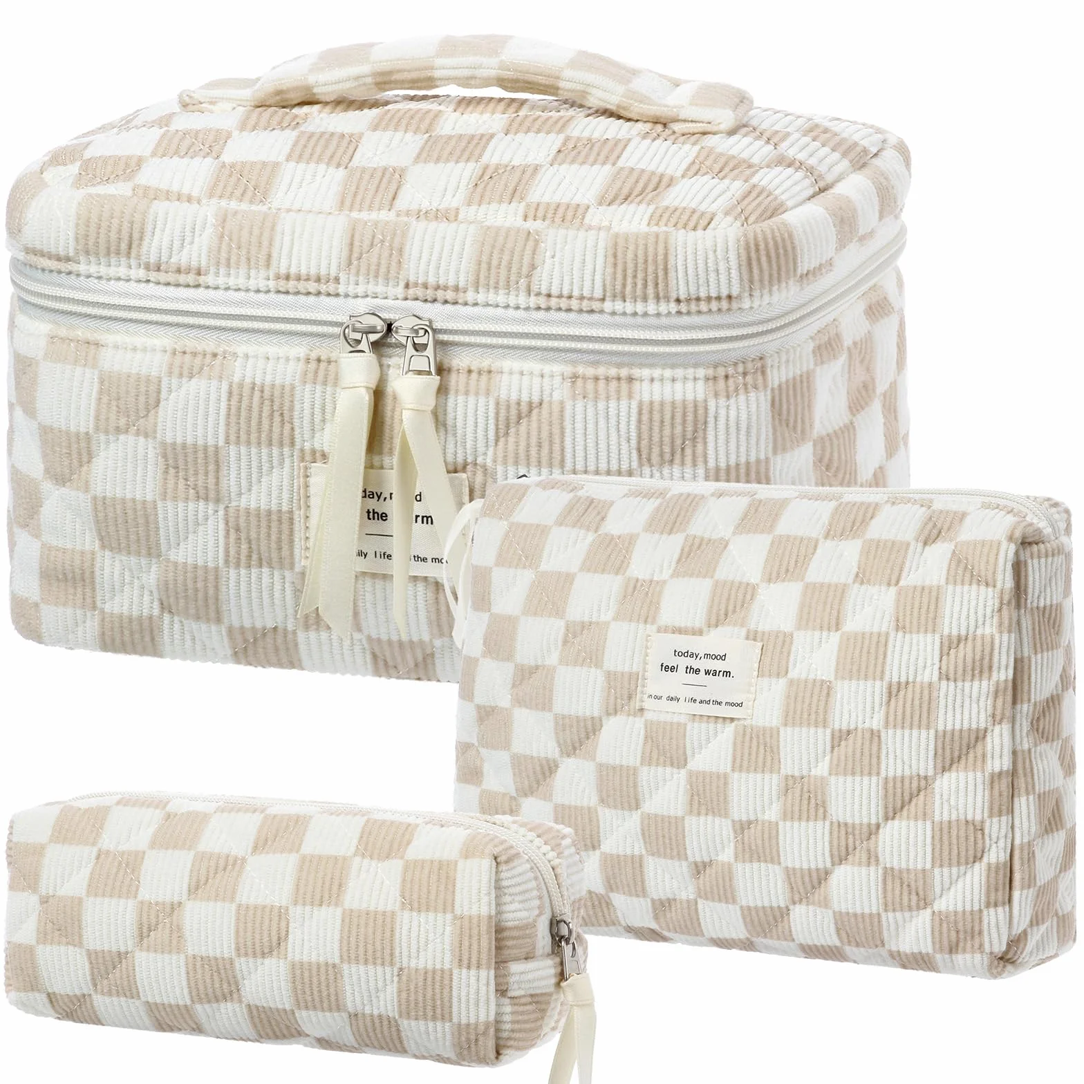 Lot de 3 Trousses de Toilette pour Femme Motif Floral Matelassée Portable Voyage (Kaki)