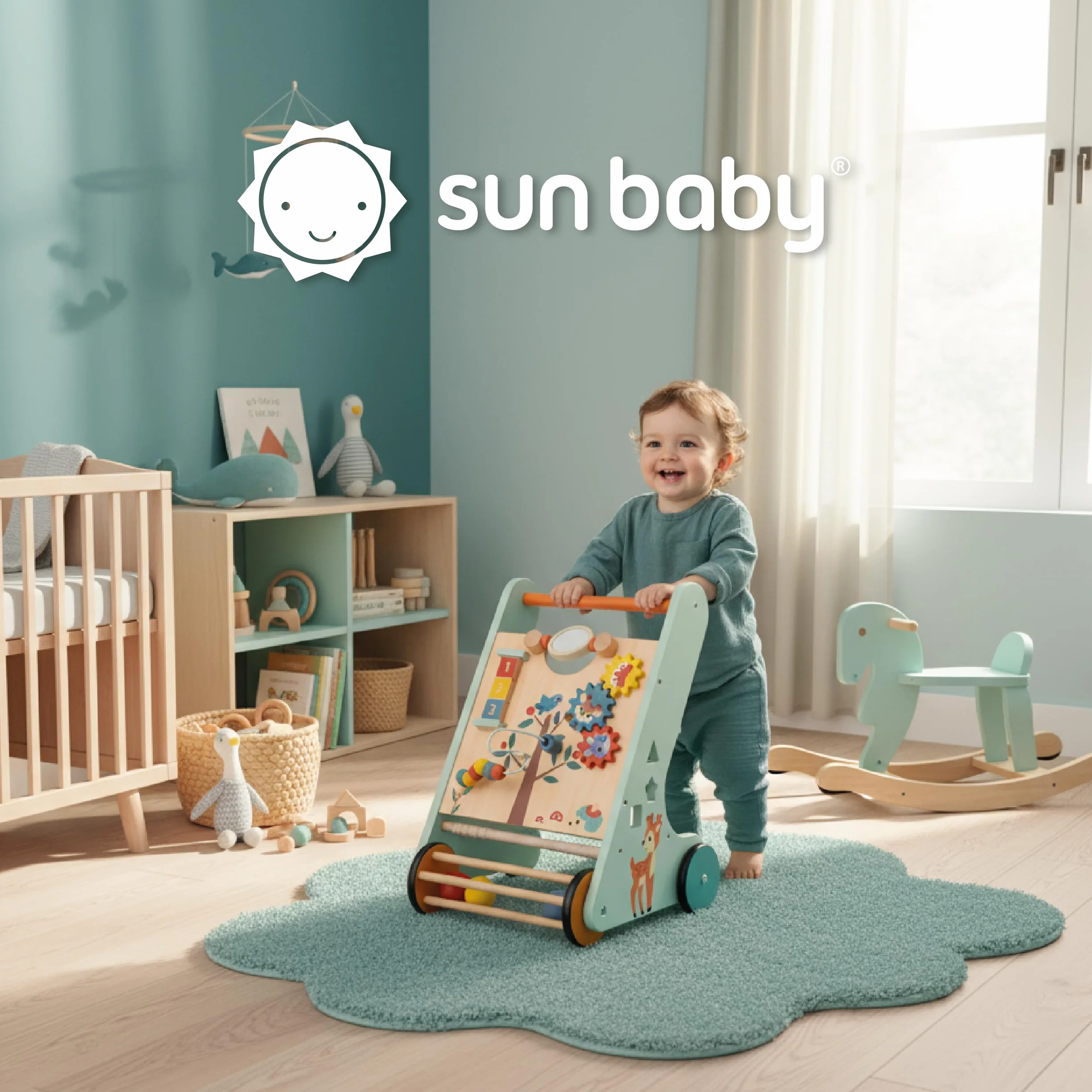 Trotteur bébé XXL en bois avec tableau d'activité, chariot de marche pour garçon et fille (Bleu)