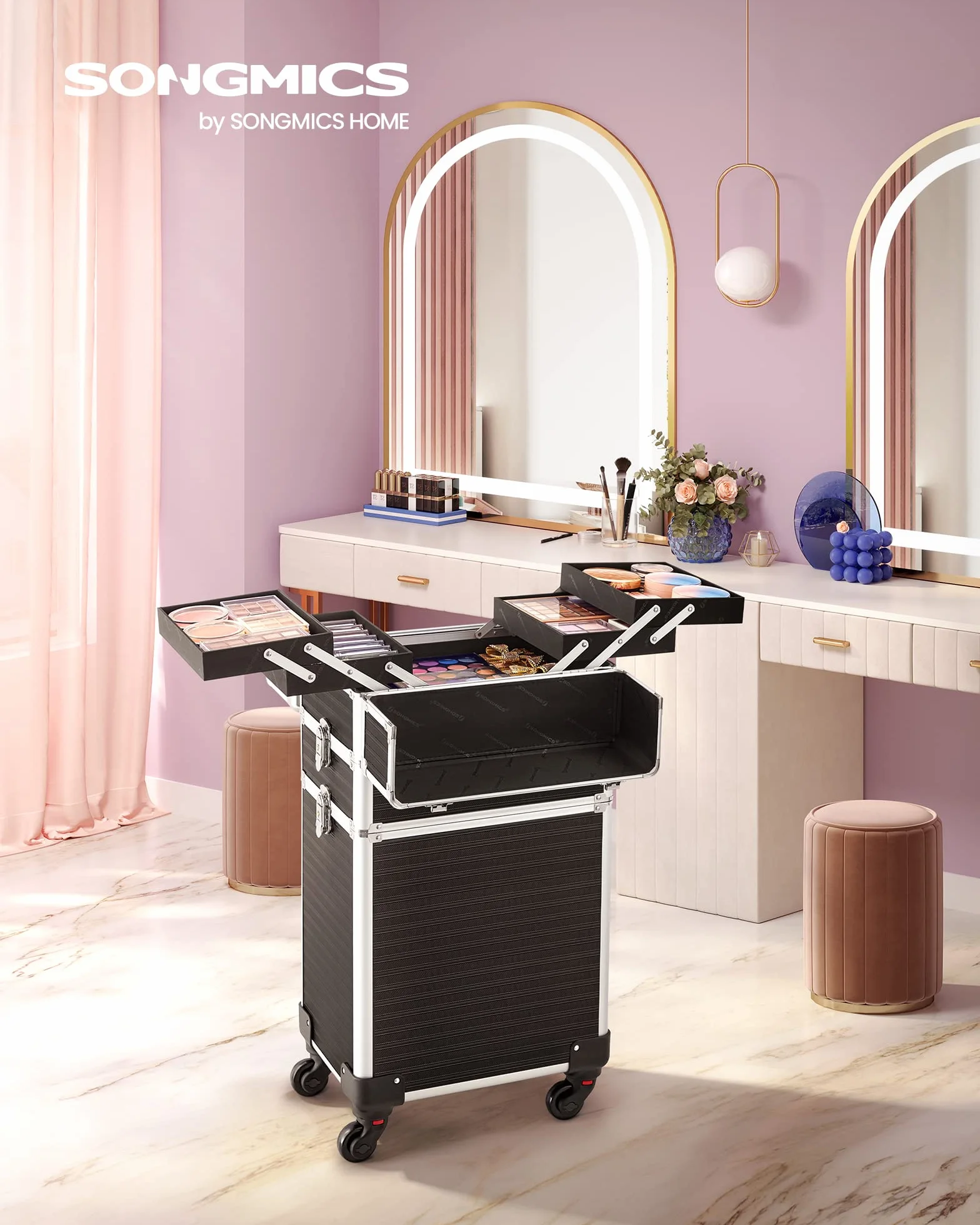 SONGMICS Valise de Maquillage Professionnel 3-en-1, Mallette Cosmétique XXL 34 x 24 x 70,5 cm, Noir