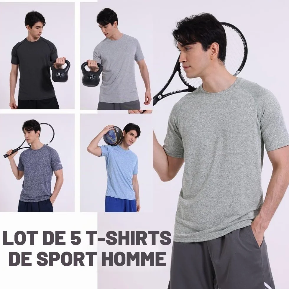 Lot de 5 t-shirts de sport homme manches courtes encolure ronde matière perméable à l'air