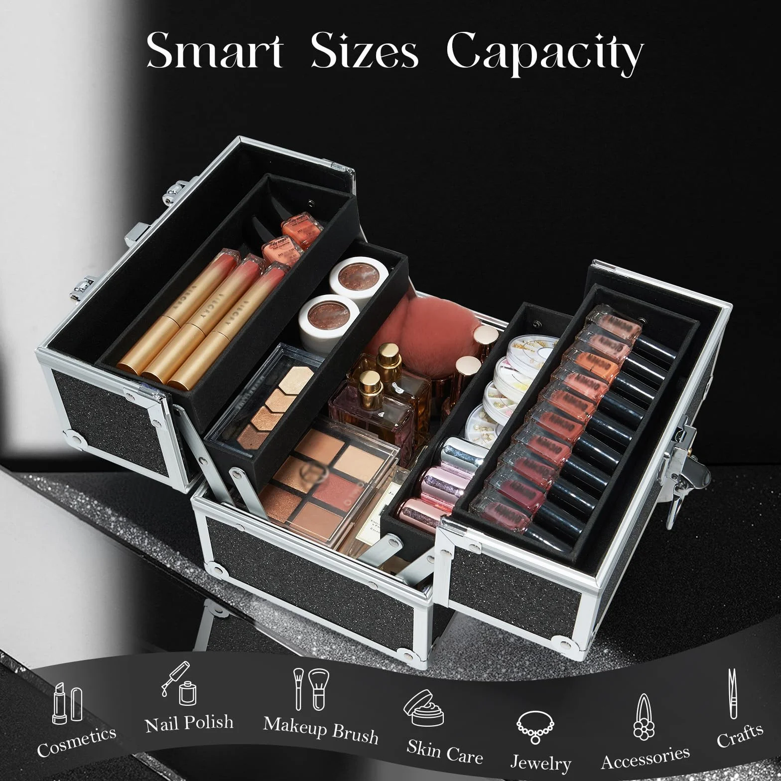Malette Maquillage Vide Boite Rangement Verrouillable Vanity Noir