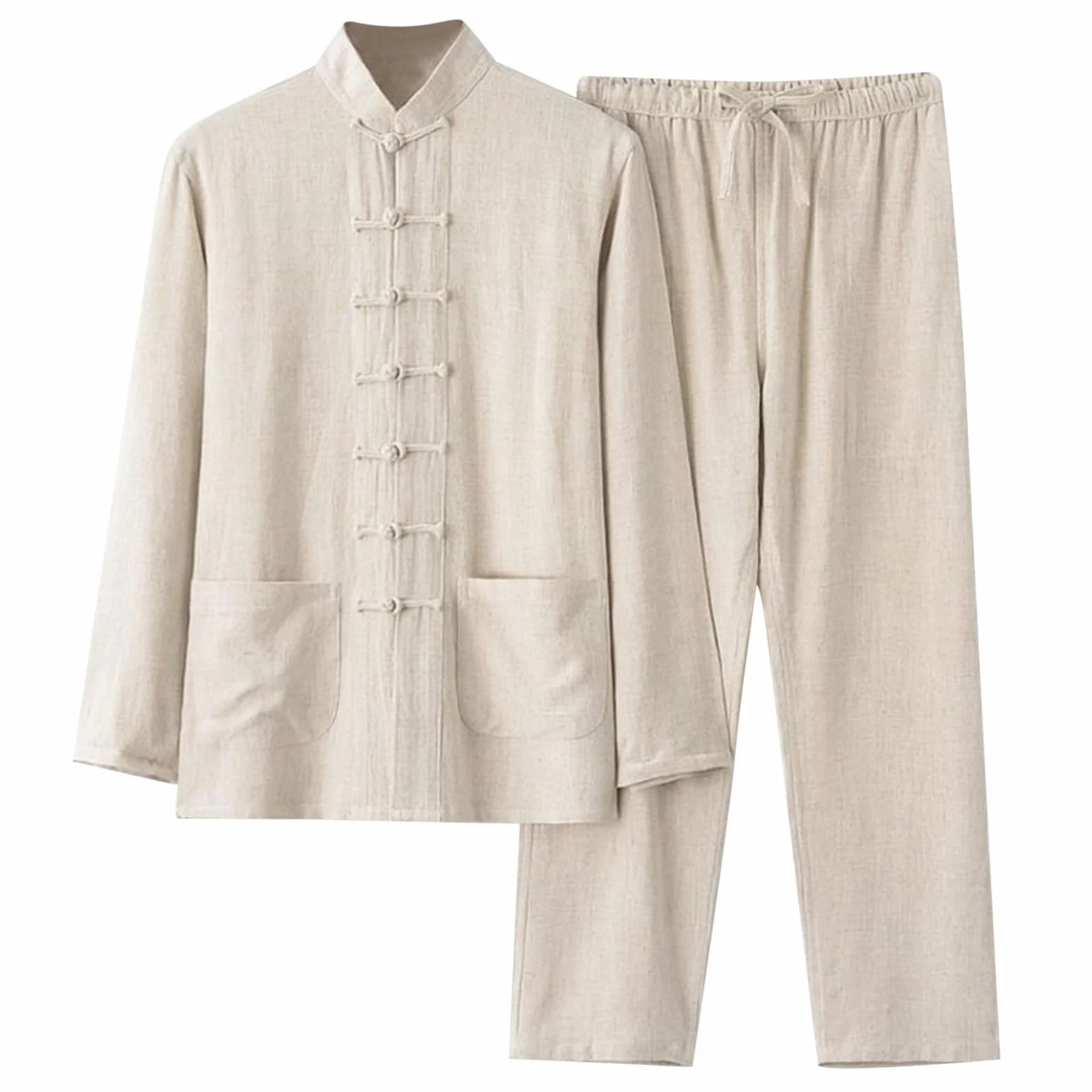 Costume Chinois Tang coton lin, Ensemble Traditionnel Manche Longue Kung Fu Chemise taille élastique Hommes Femmes