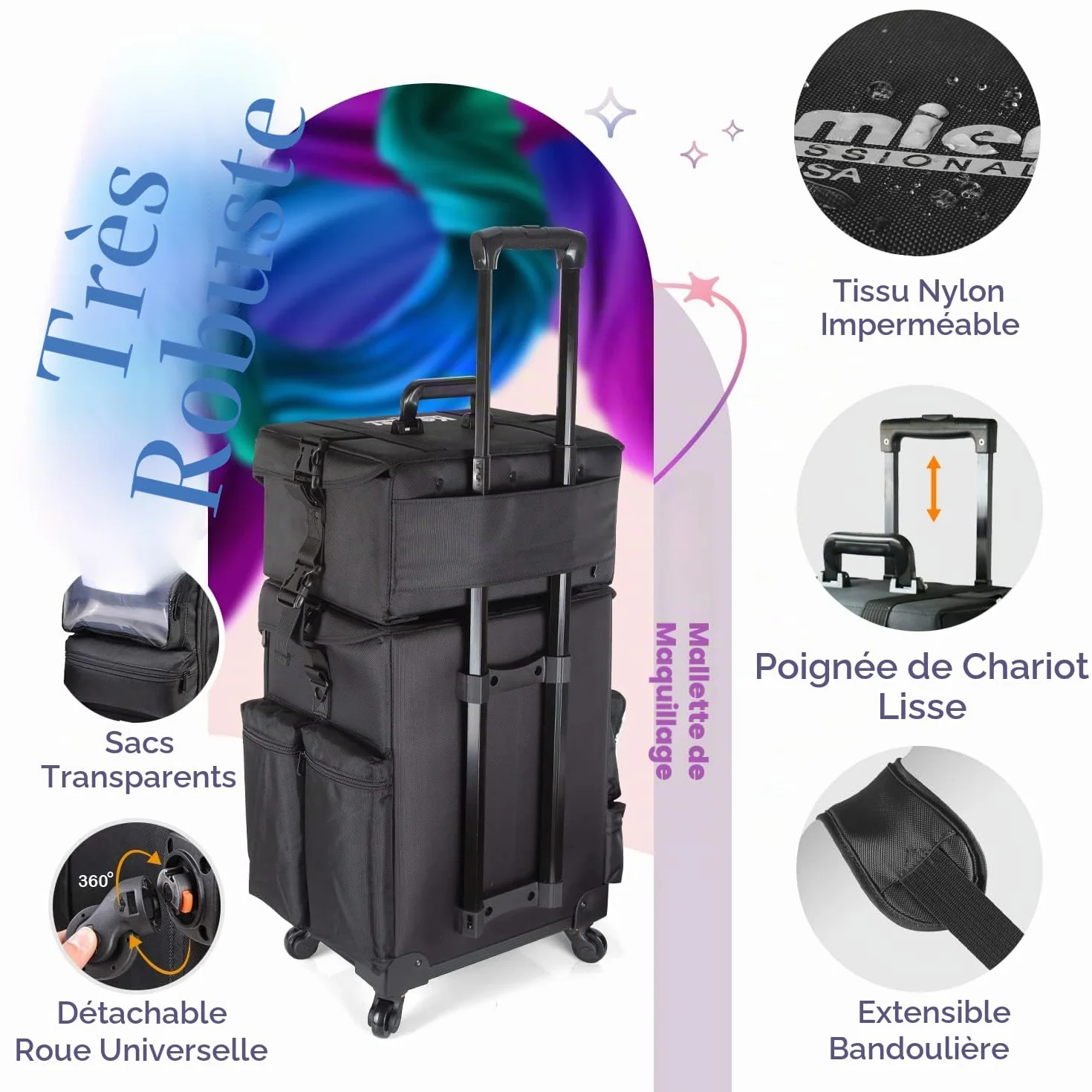 Mallette de Maquillage Professionnelle Kemier Roues Omni-directionnelles 2 en 1 à Côté Souple avec Tiroirs