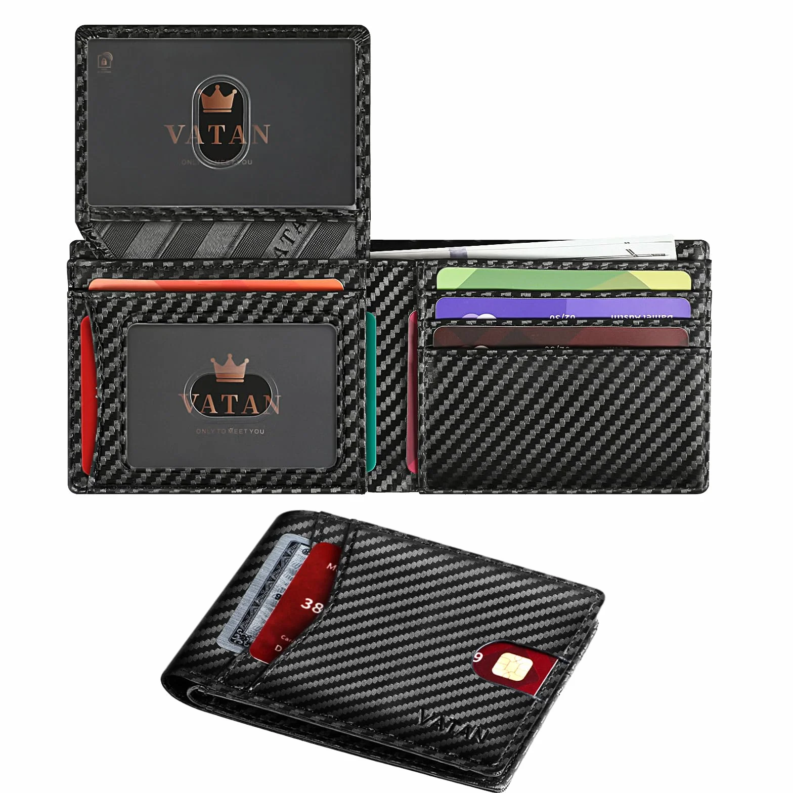 VATAN Portefeuille Homme Cuir Blocage RFID 15 Emplacements Cartes 2 ID Photo Window 2 Compartiment Billets Boite Cadeau Carbone Noir
