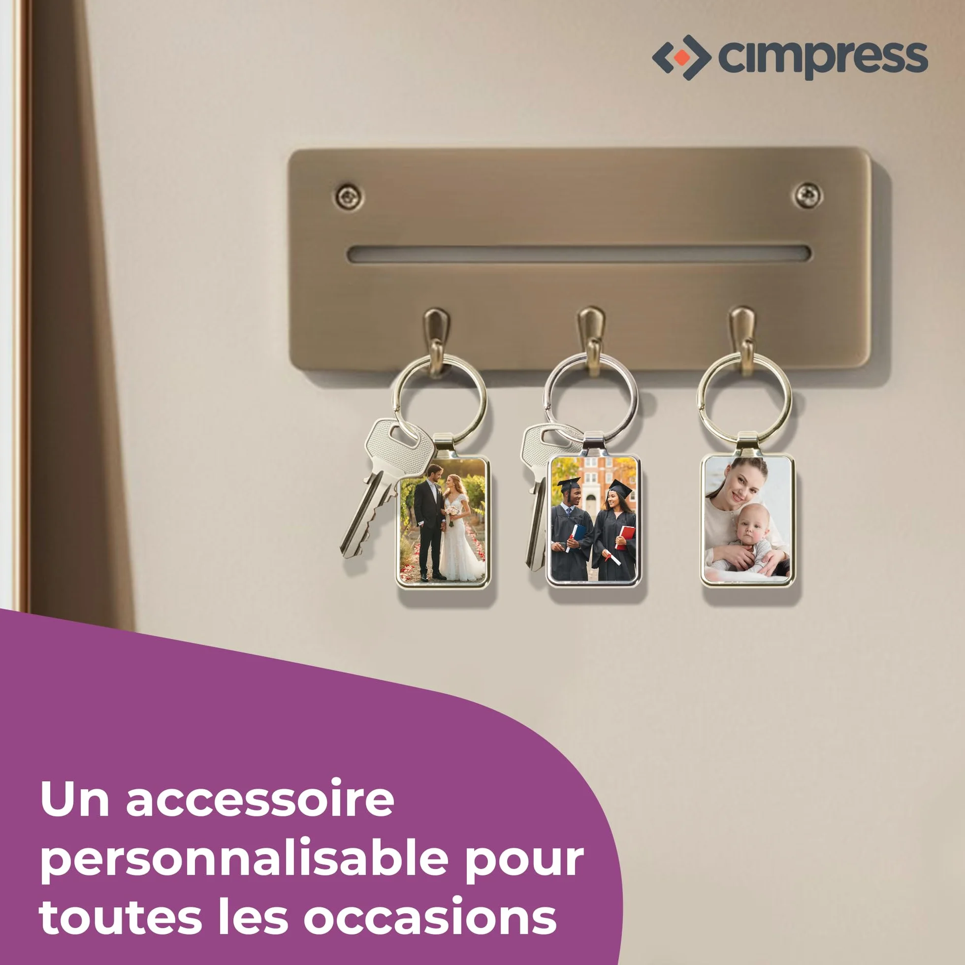 Porte-clé personnalisé en acier inoxydable 7,5 × 3 cm avec photo ou texte, impression couleur