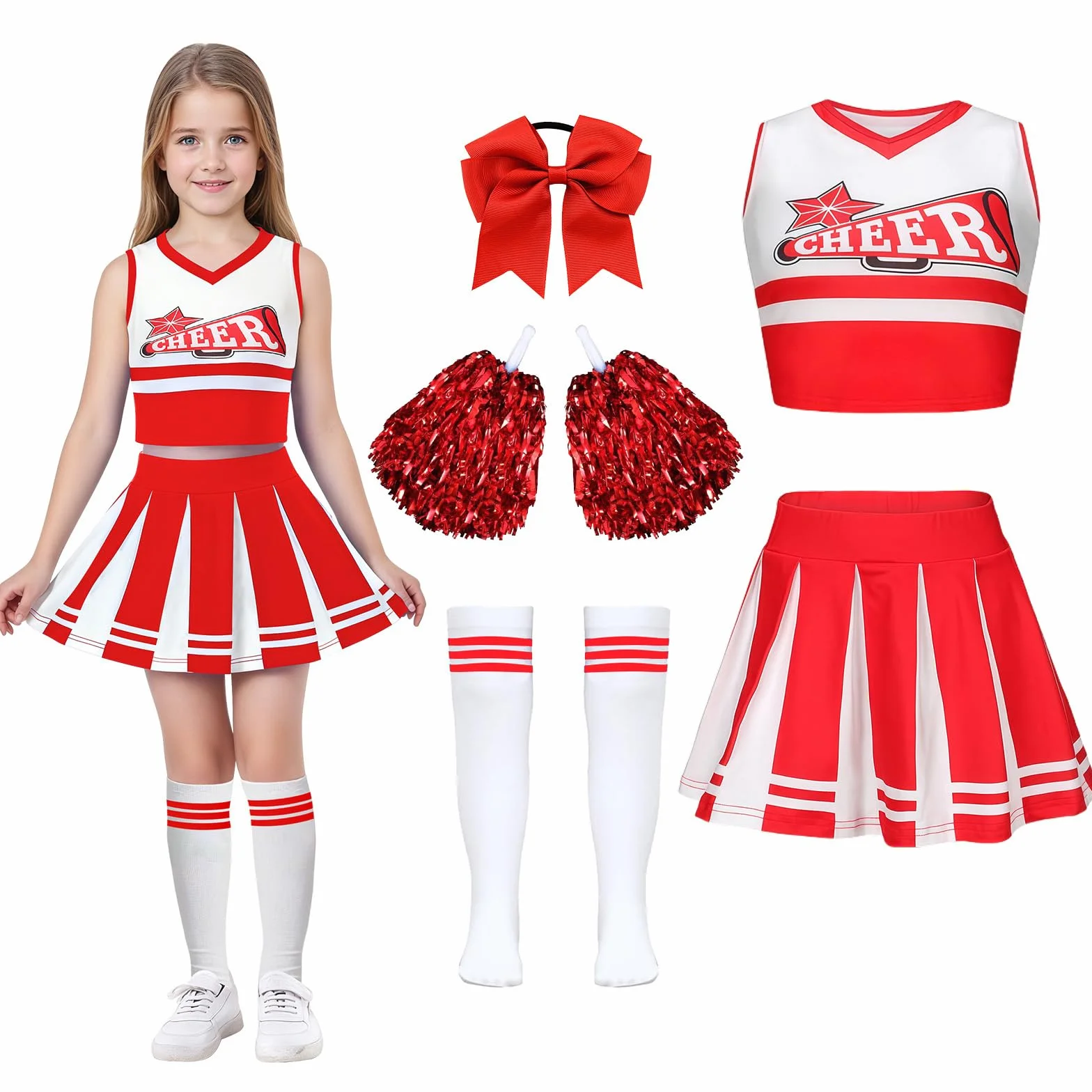 Deguisement Pompom Girl Cheerleader avec Pom Poms Noeud Chaussettes Costume Enfant Uniforme Carnaval Halloween