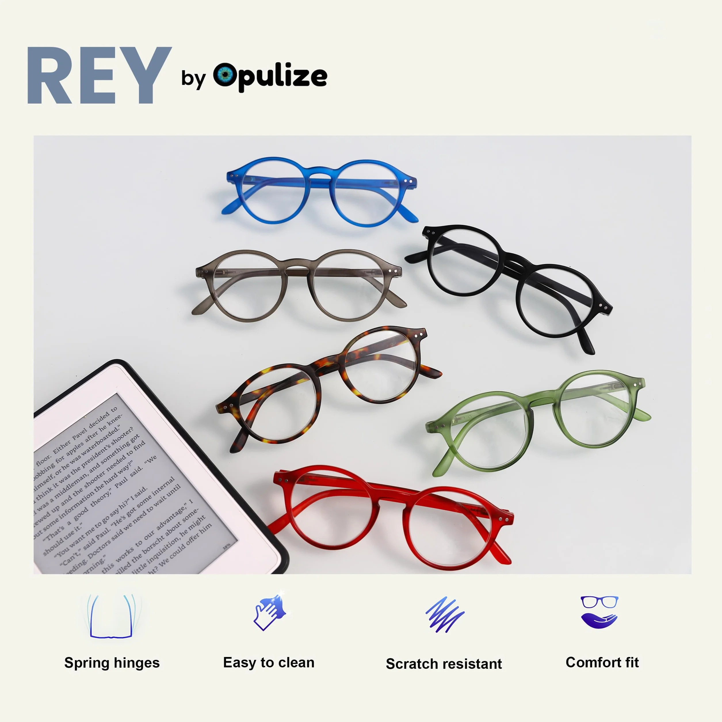 OPULIZE REY Lunettes de Lecture Lot de 3 Montures Rondes Rétro Bleu Mat Vert Rouge Charnières à Ressort +3.00