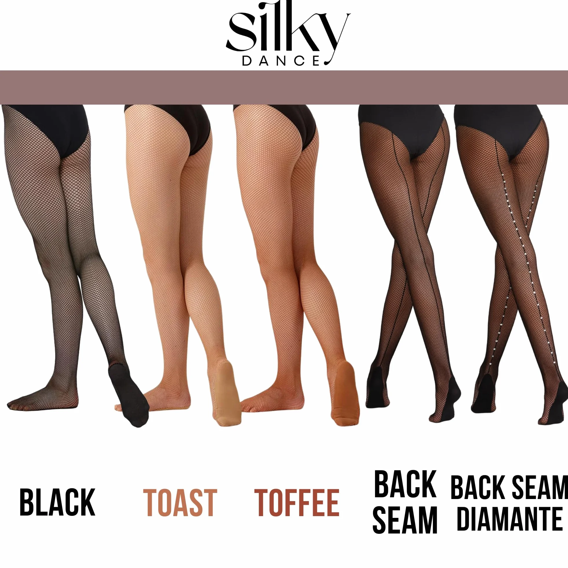 Collants de danse en résille professionnels - Couture arrière strass - Toast caramel et noir