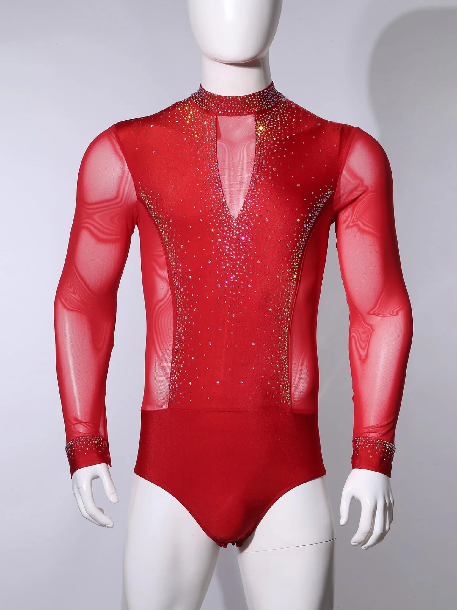 Justaucorps Patinage Artistique Manches Longues Strass Body Danse Latine Jazz Gymnastique Homme