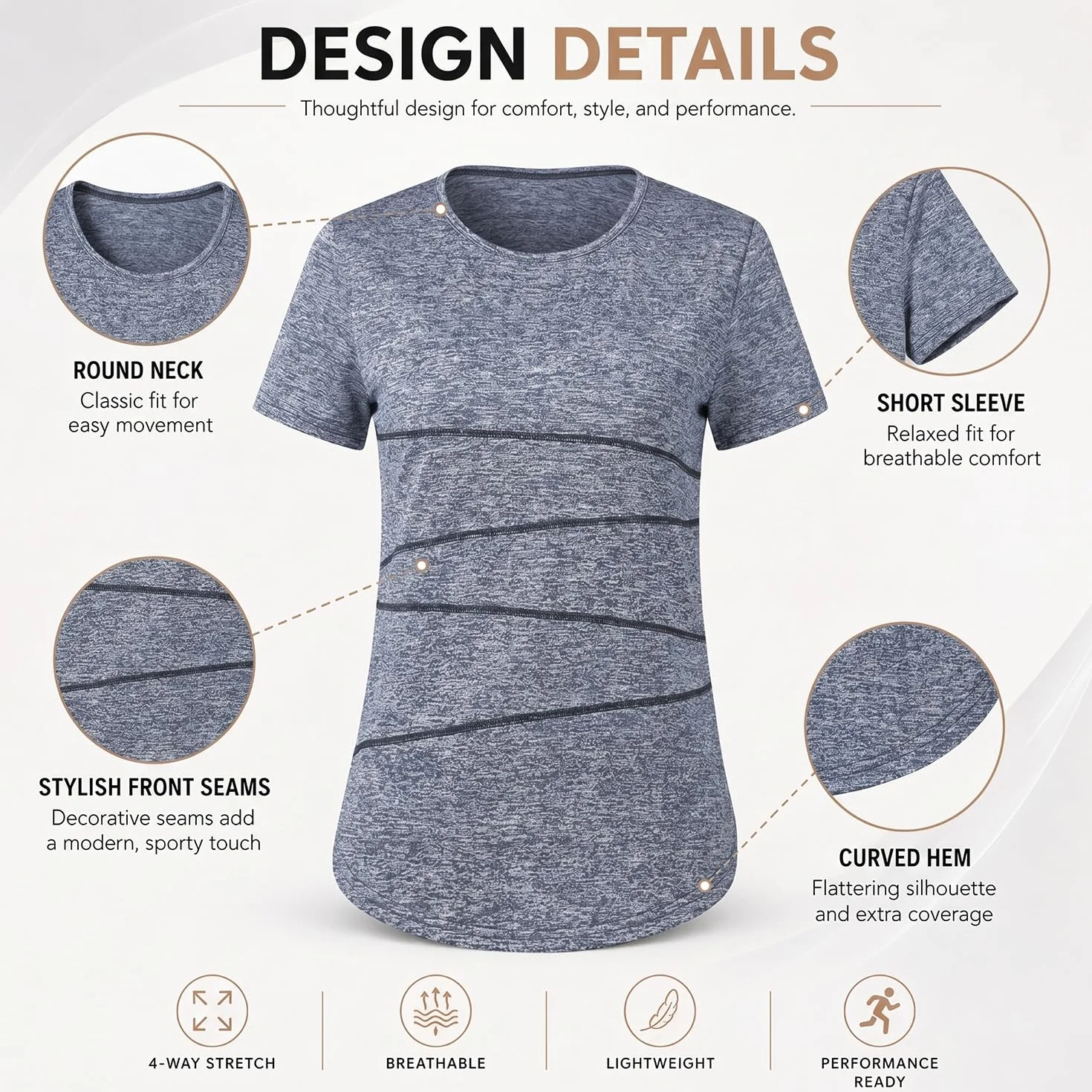 Terecey T-Shirt Sport Femme Manches Courtes UPF 50+ Séchage Rapide Fitness Entraînement Running