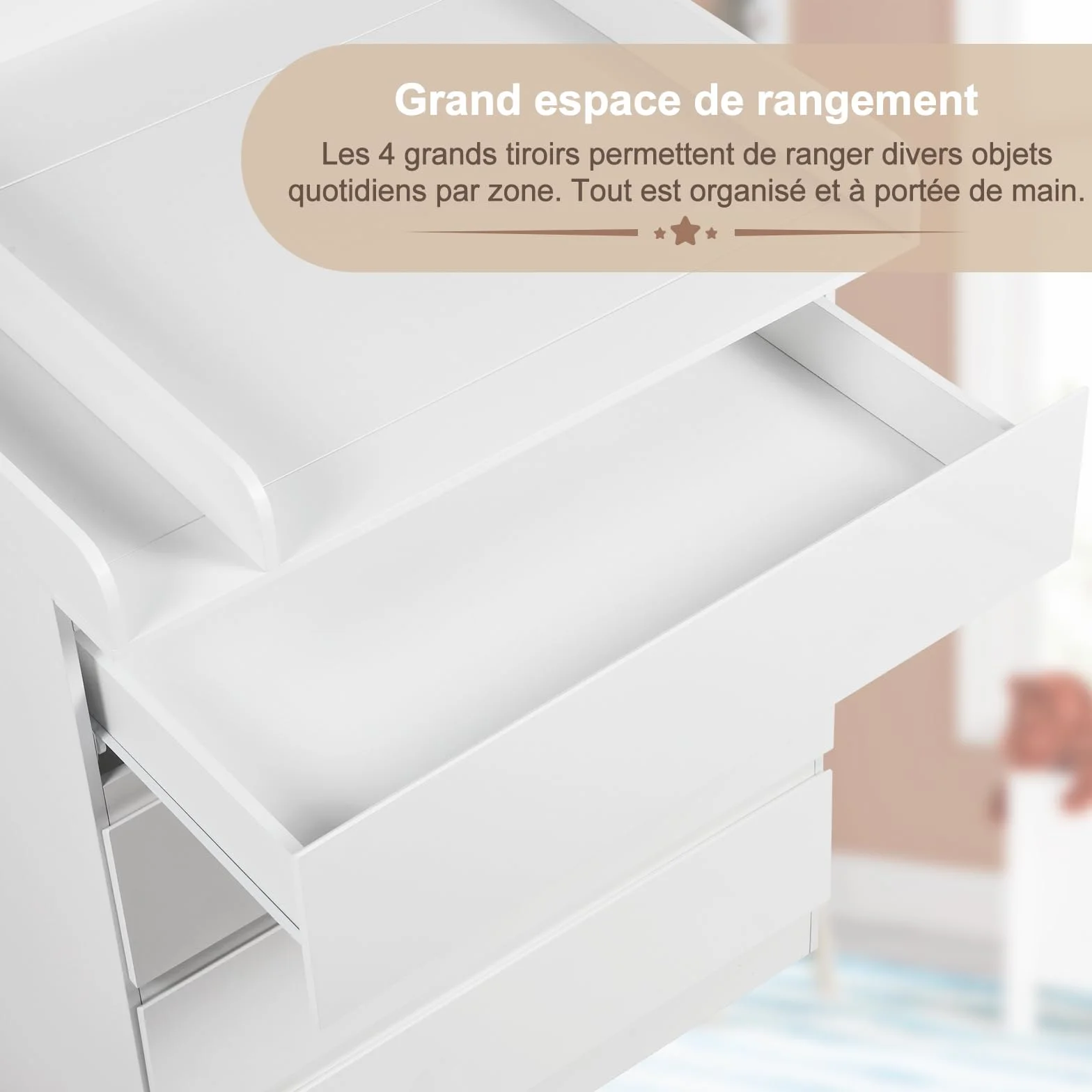 WOLTU Table à Langer Commode 4 Tiroirs Meuble Bébé Bois d'Ingénierie Blanc Brillant 80x75x109,2cm