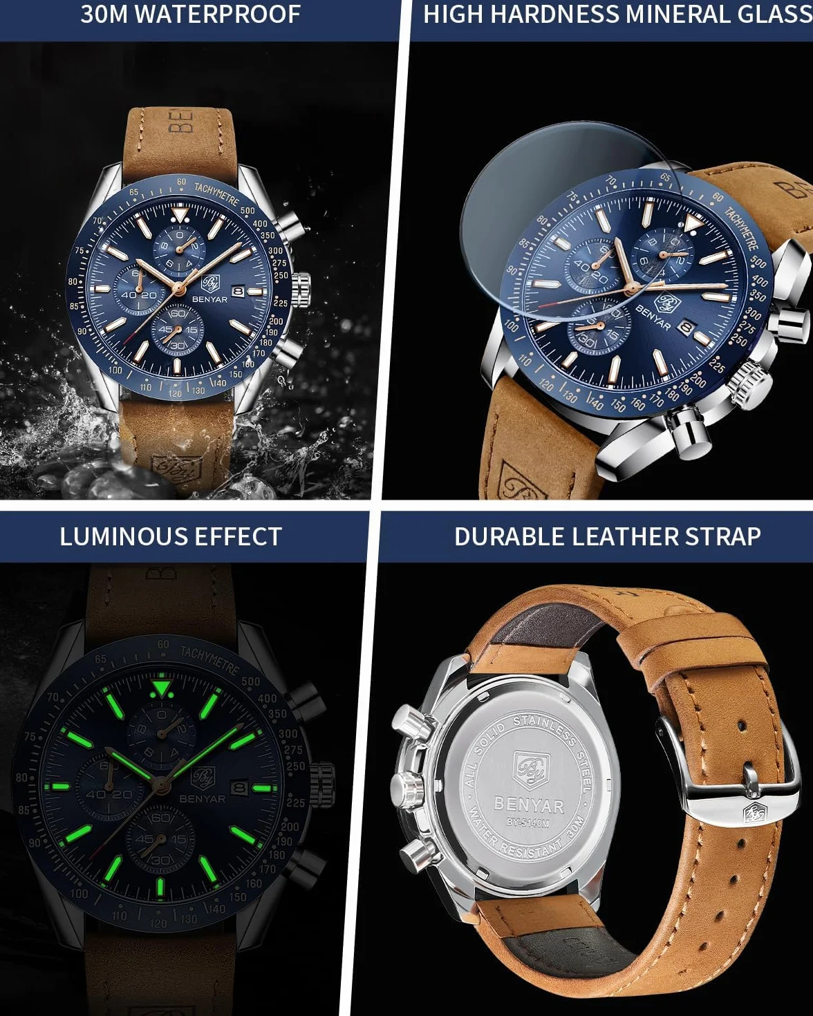 BENYAR Montre Homme Etanche Analogique Quartz Chronographe Lumineuses Date Cadran Classique