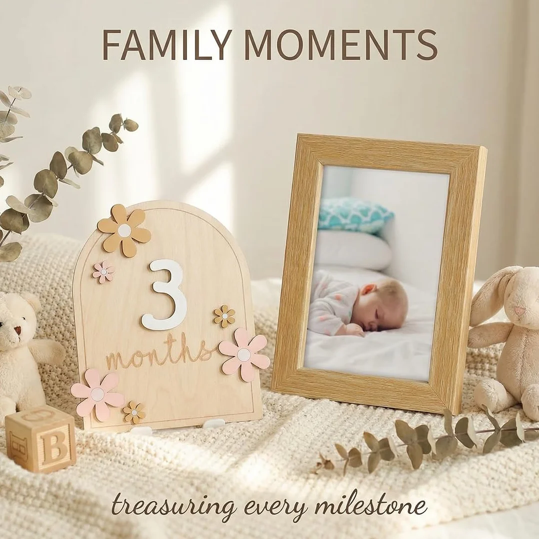 Cartes Mensuelles en Bois pour Bébé Style Floral 0-12 Mois Accessoires Photo Cadeau de Naissance
