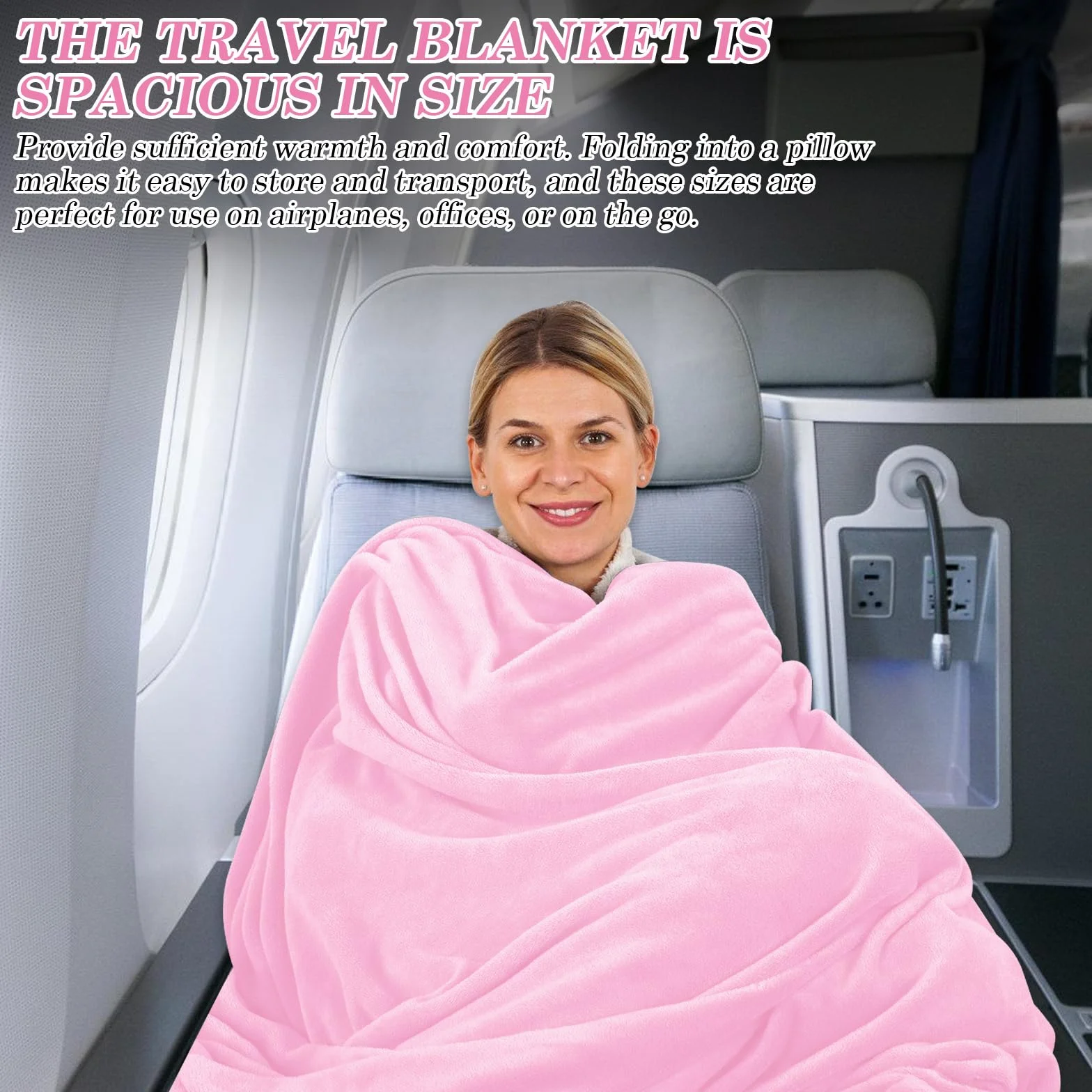 Couverture de voyage avion coussin transformable 2 en 1 portable avec fixation valise ultra légère chaude rose 152 x