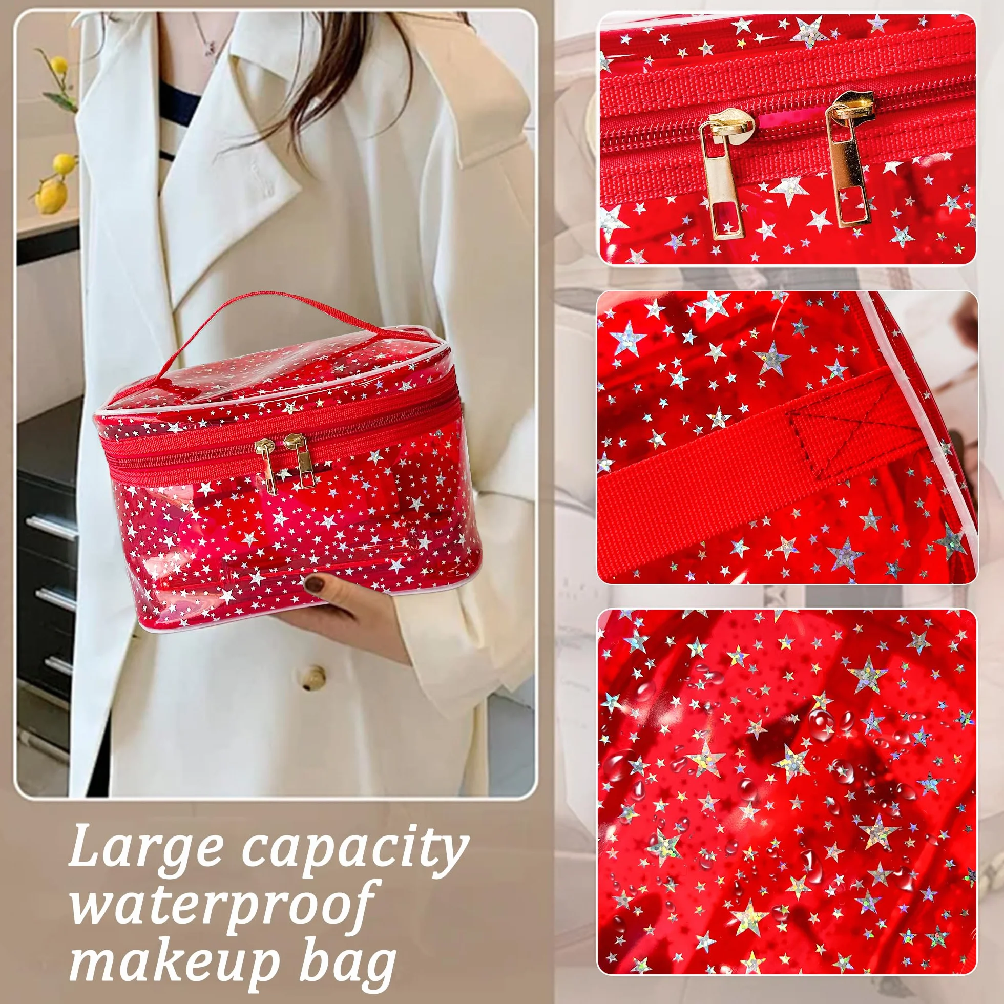Trousse de maquillage en PVC étanche 22 x 14 x 14 cm Rose Motif étoilé Organiseur de voyage