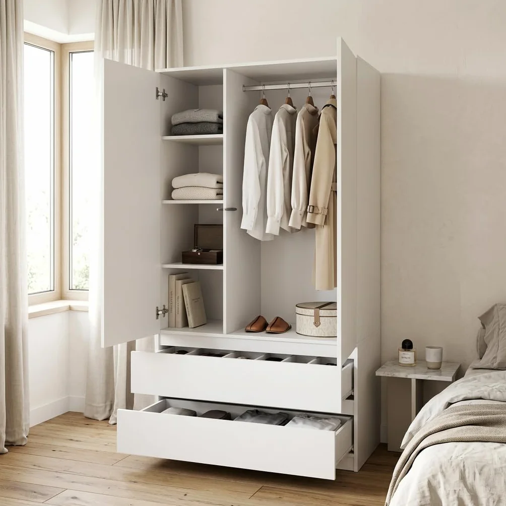 Meble Masztalerz Armoire Chambre Enfant 2 Tiroirs 90 cm Penderie Vetement Dressing Rangement Blanc 180x90x50 cm
