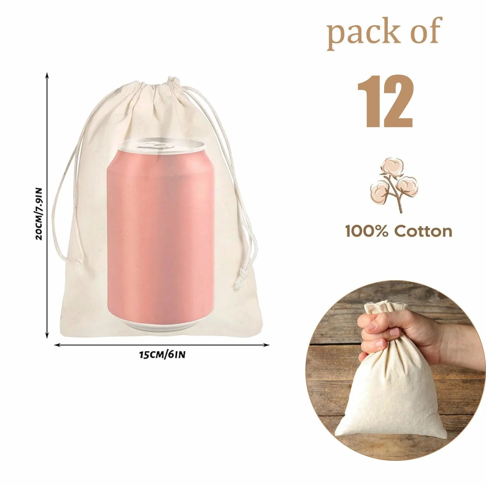 Sachets en Coton 15x20cm avec Cordon, 12 Pièces pour Calendrier de l'Avent, Lavande, DIY, Emballage Cadeau