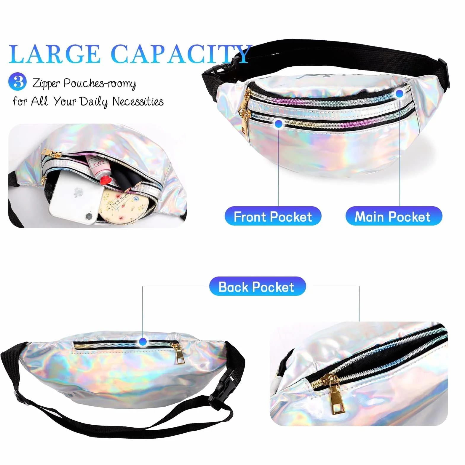 JunD Sac Banane Femme Cuir PU Holographique Années 80 90 pour Festivals Randonnée Course à Pied 2 Pack Argent Rose