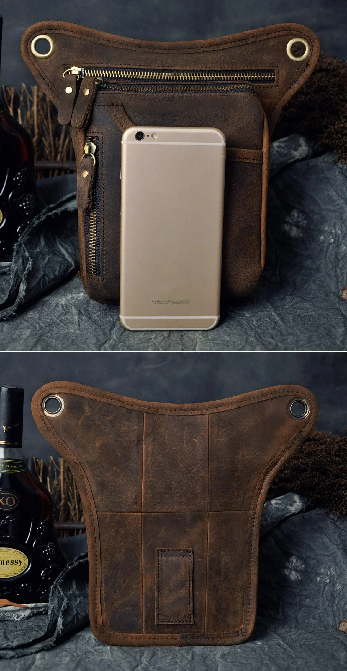 Le'aokuu Sac pour Jambes Moto en Cuir Véritable Bandoulière de Cuisse Marron Foncé