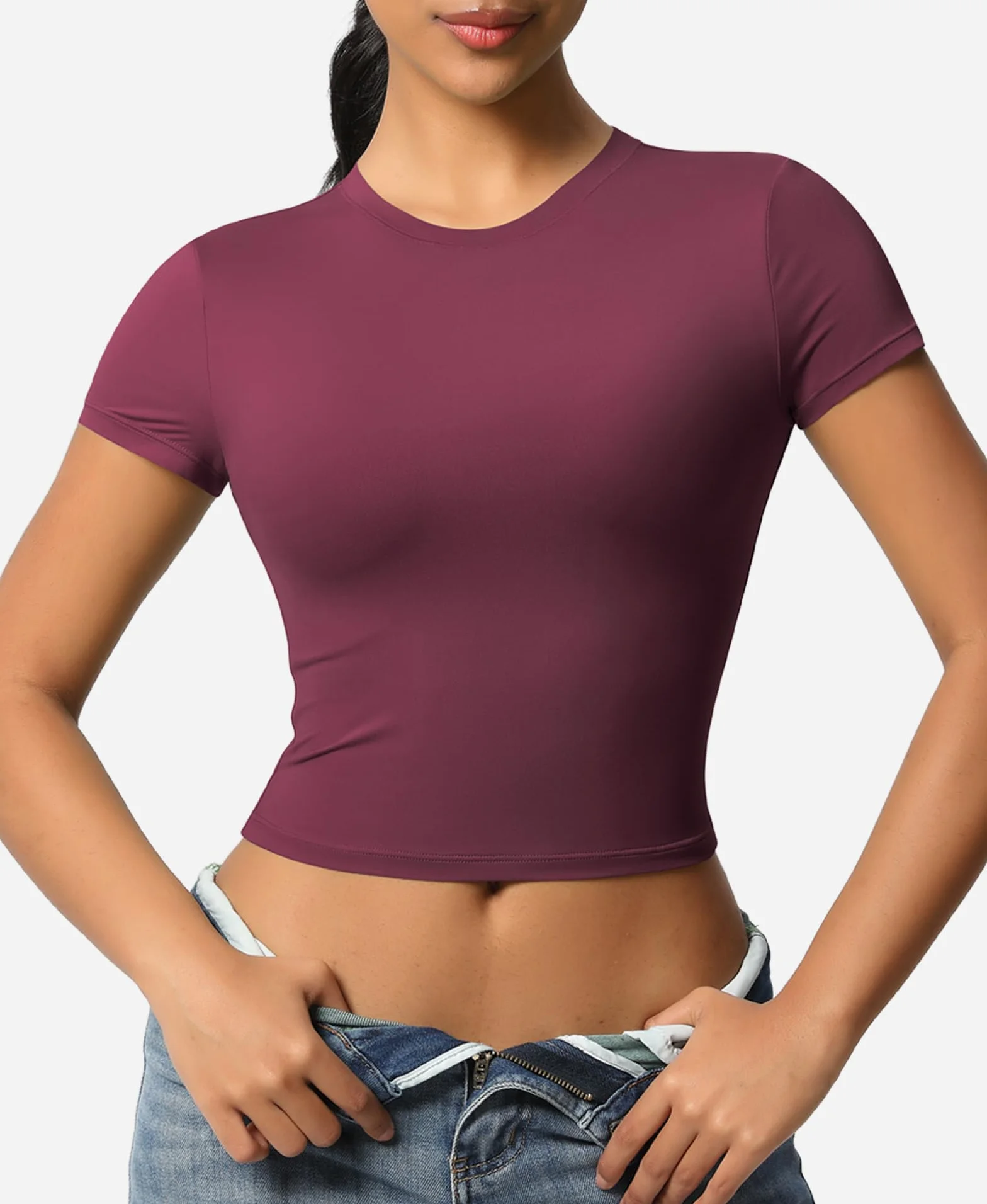 T-Shirt de Sport Femmes Manches Courtes Respirante Chemise Compression Running Crop Top