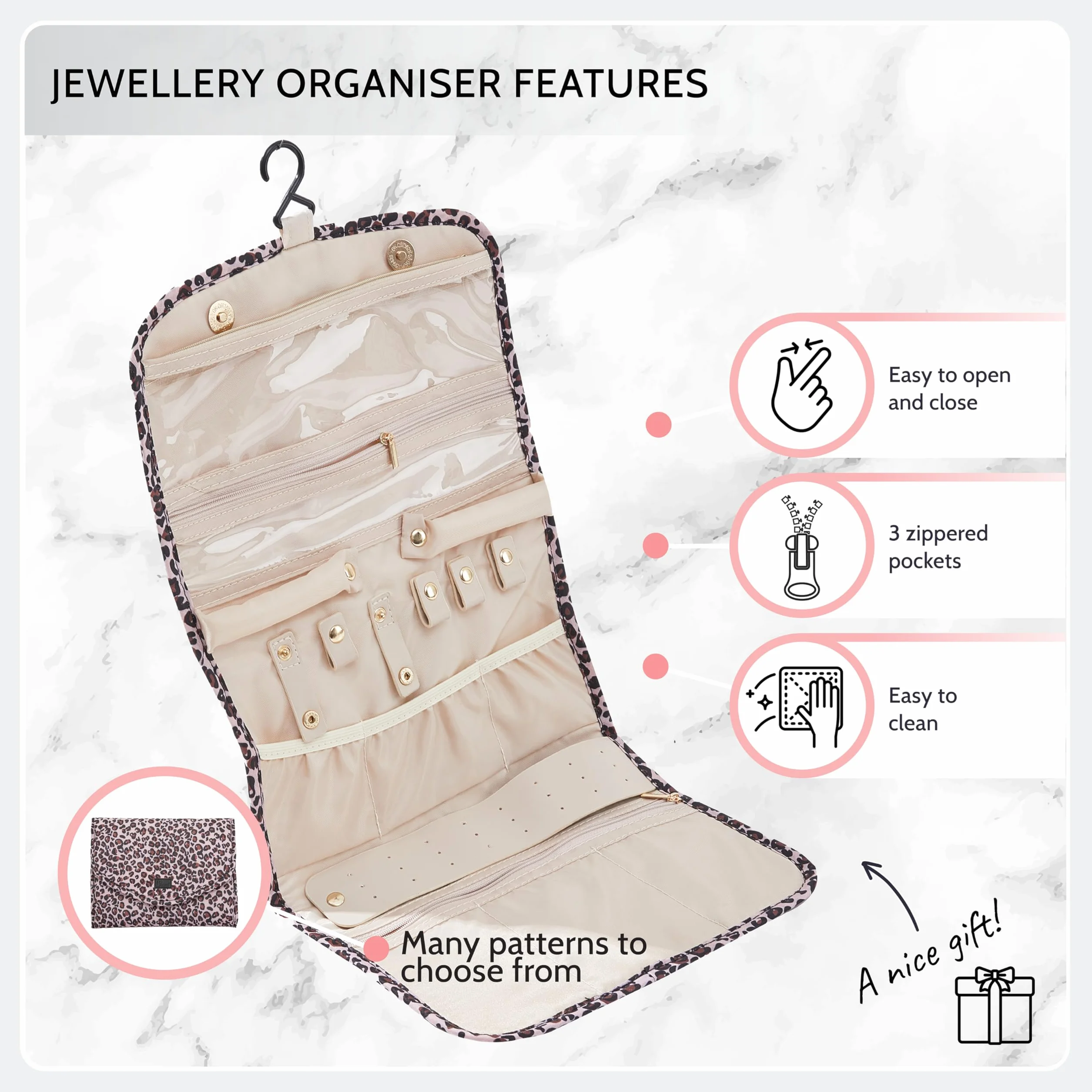 Periea Cleo Organisateur de Bijoux en Rouleau de Voyage – Pochette Protecteur pour Boucles d'Oreilles, Collier et Bagues (Toucan, Moyen)