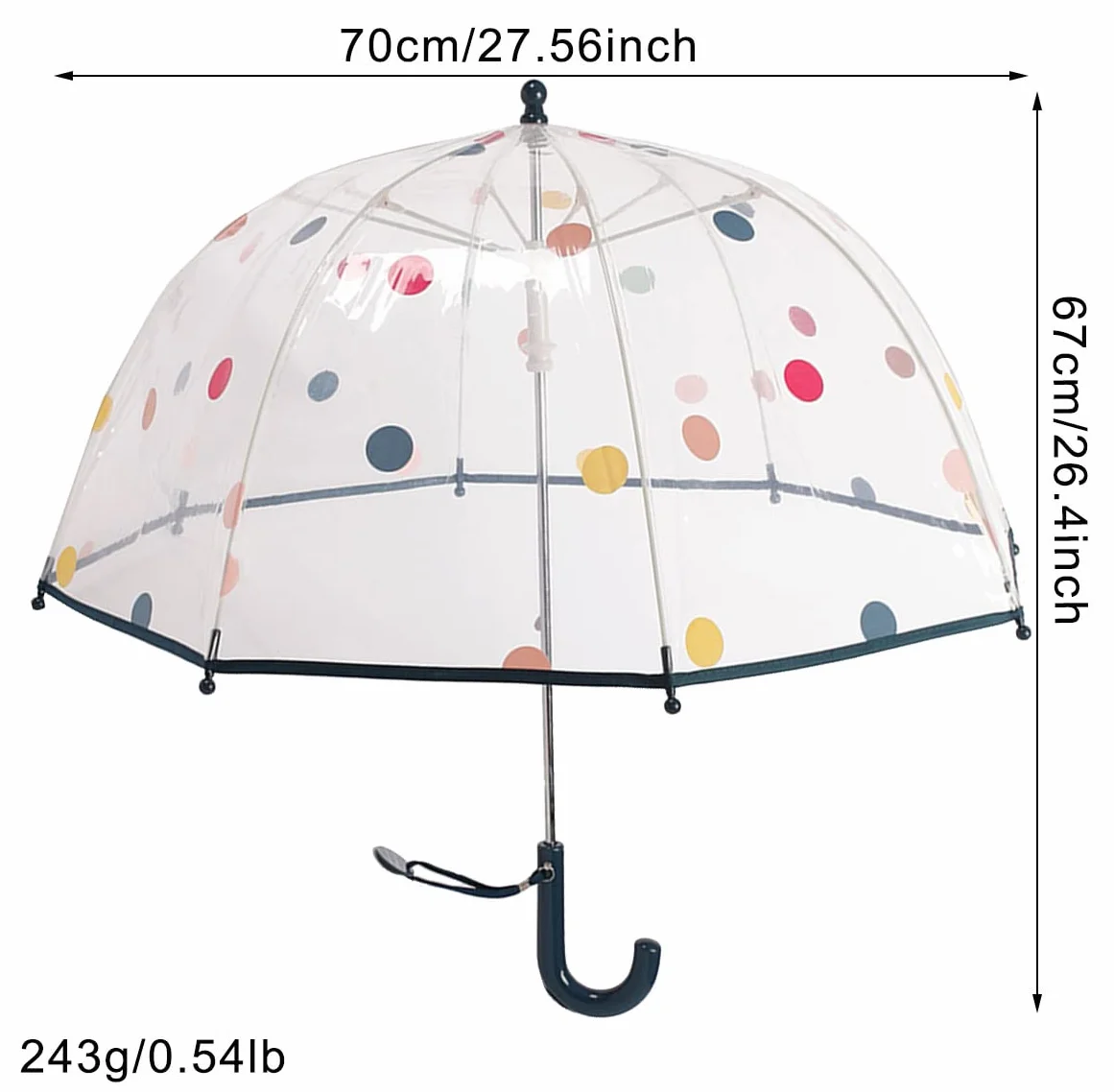 ThreeH Parapluie transparent enfants poignée incurvée plastique incassable 8 nervures manuel joli parapluie à pois garçons filles