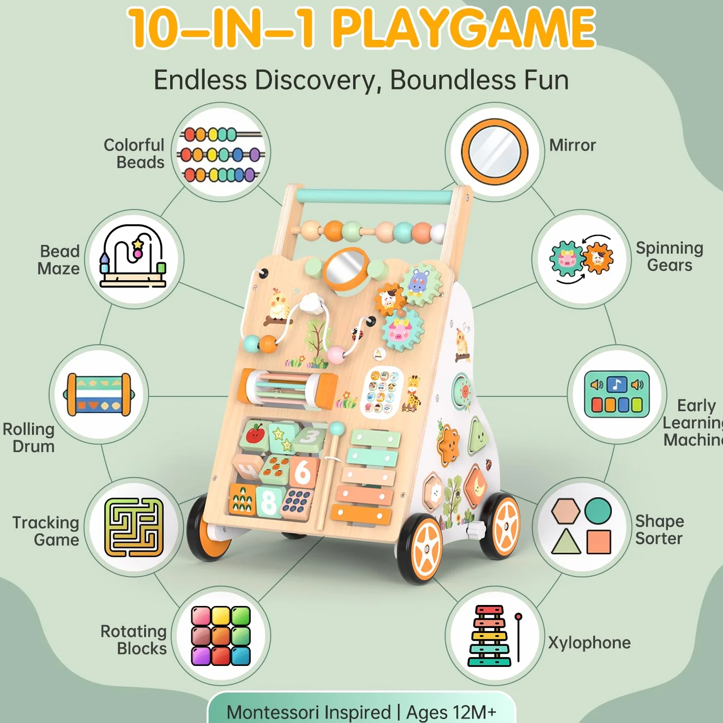 Chariot de Marche en Bois Montessori pour Bébé – Trotteur avec Centre d’Activités – Hauteur et Vitesse Réglables – 12 Mois+