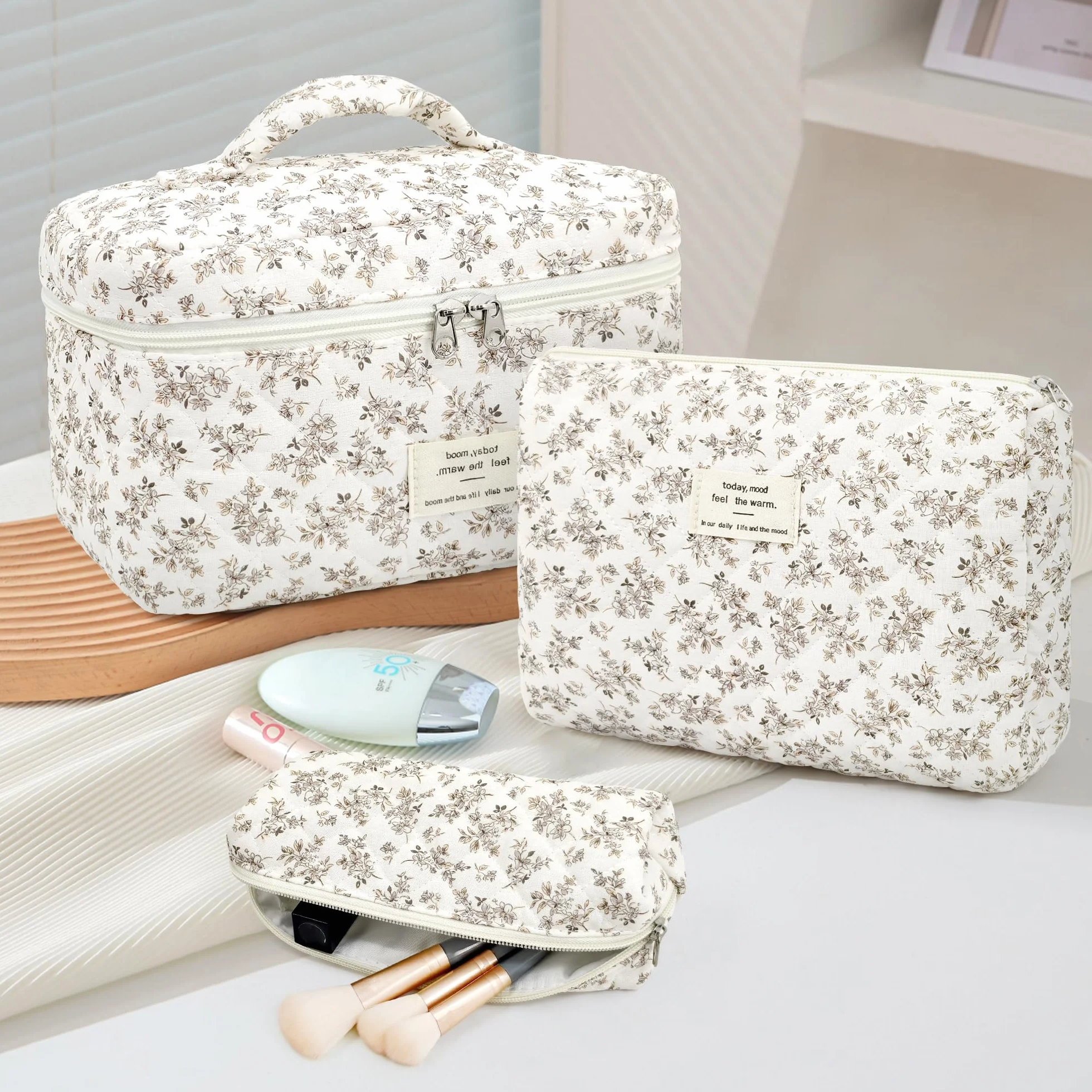 Lot de 3 Trousse Maquillage Femme, Ensemble Trousse de Toilette avec Motif Floral, Sac Organiseur Cosmétique Voyage