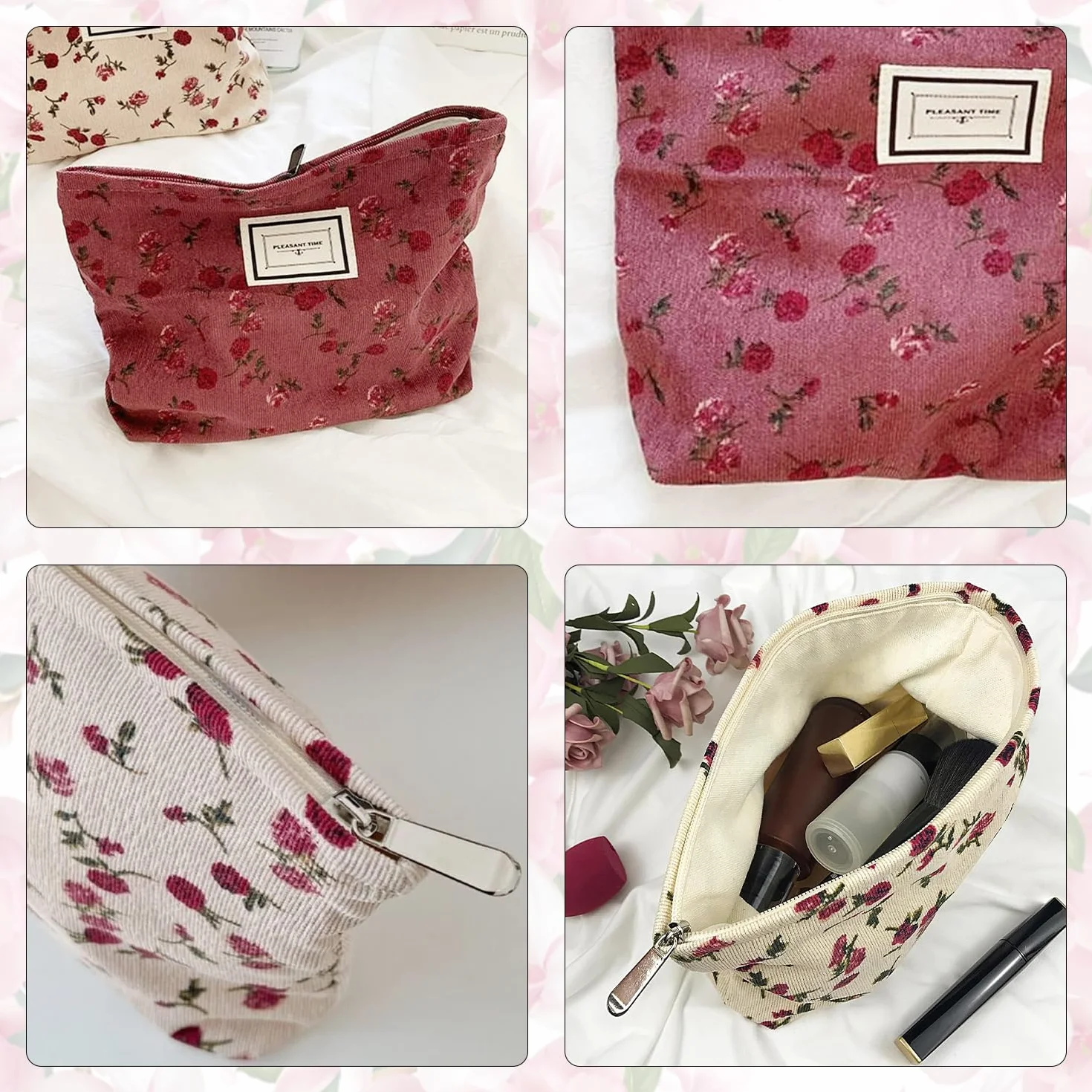 Lot de 2 Trousses de Maquillage Femme, Trousse de Toilette Voyage Motif Fleurs Roses, Pochette cosmétique avec Fermeture éclair