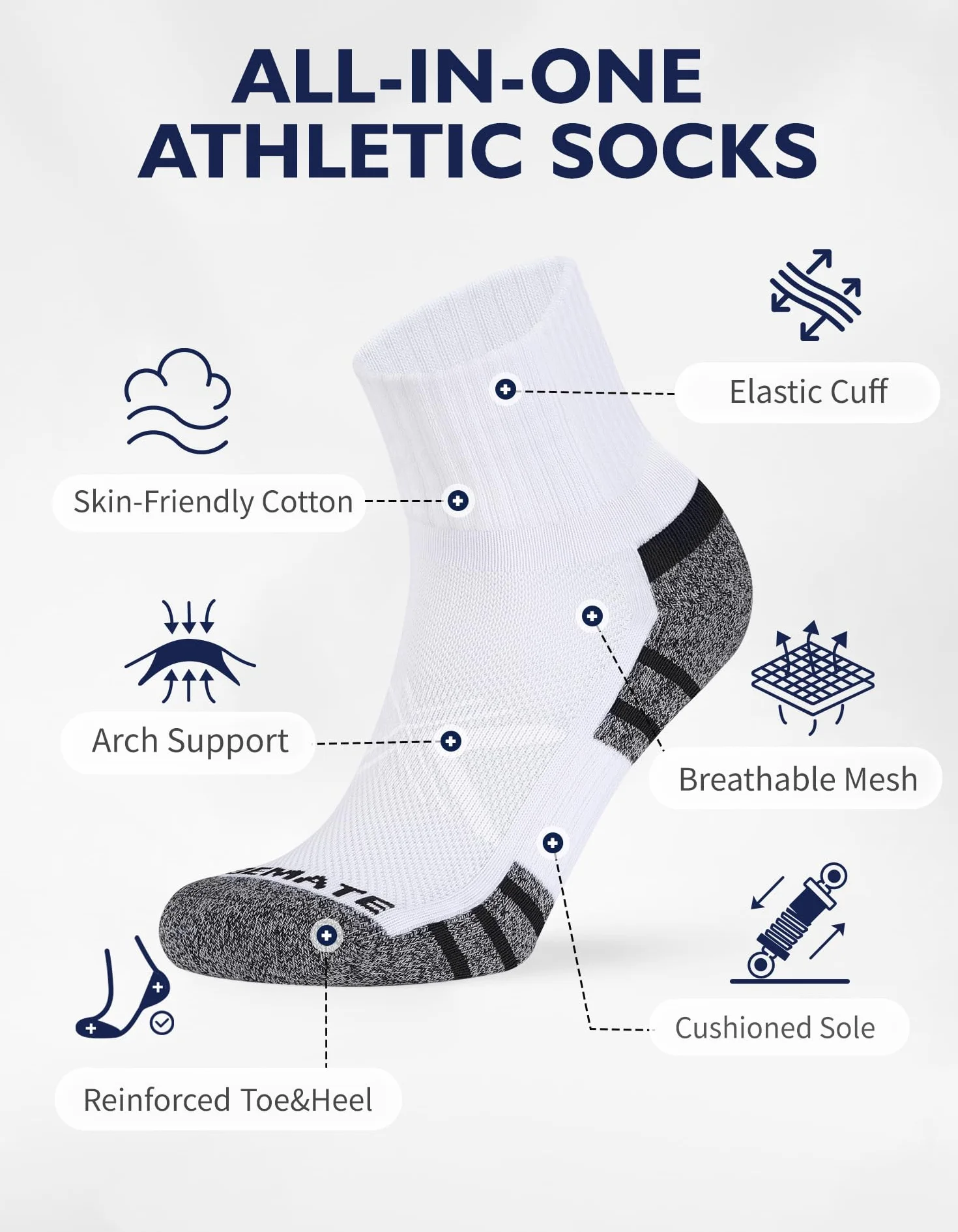 CLOSEMATE Chaussettes de Sport Homme Femme 39-42 43-46 47-50 Coton 6 Paires Respirantes Antidérapantes Running Randonnée