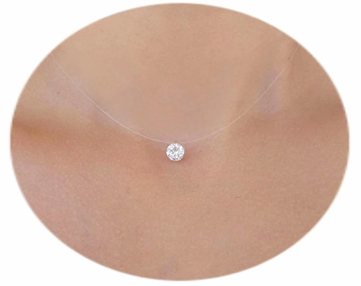 Collier transparent ARGENT 925 Petit ou Grand Solitaire Pure Brillance Fil de Nylon Pêche invisible Ras de cou Pendentif brillant Diamant Zircon