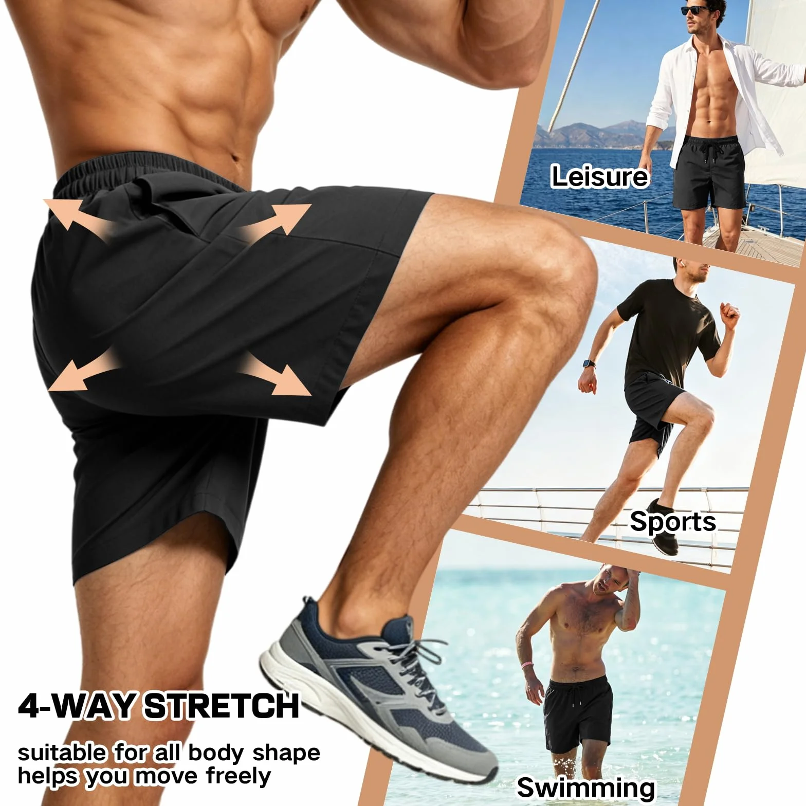 Maillot De Bain Homme Séchage Rapide Sport Bermuda Short Respirant avec Poche Zippée Et Cordon Élastique