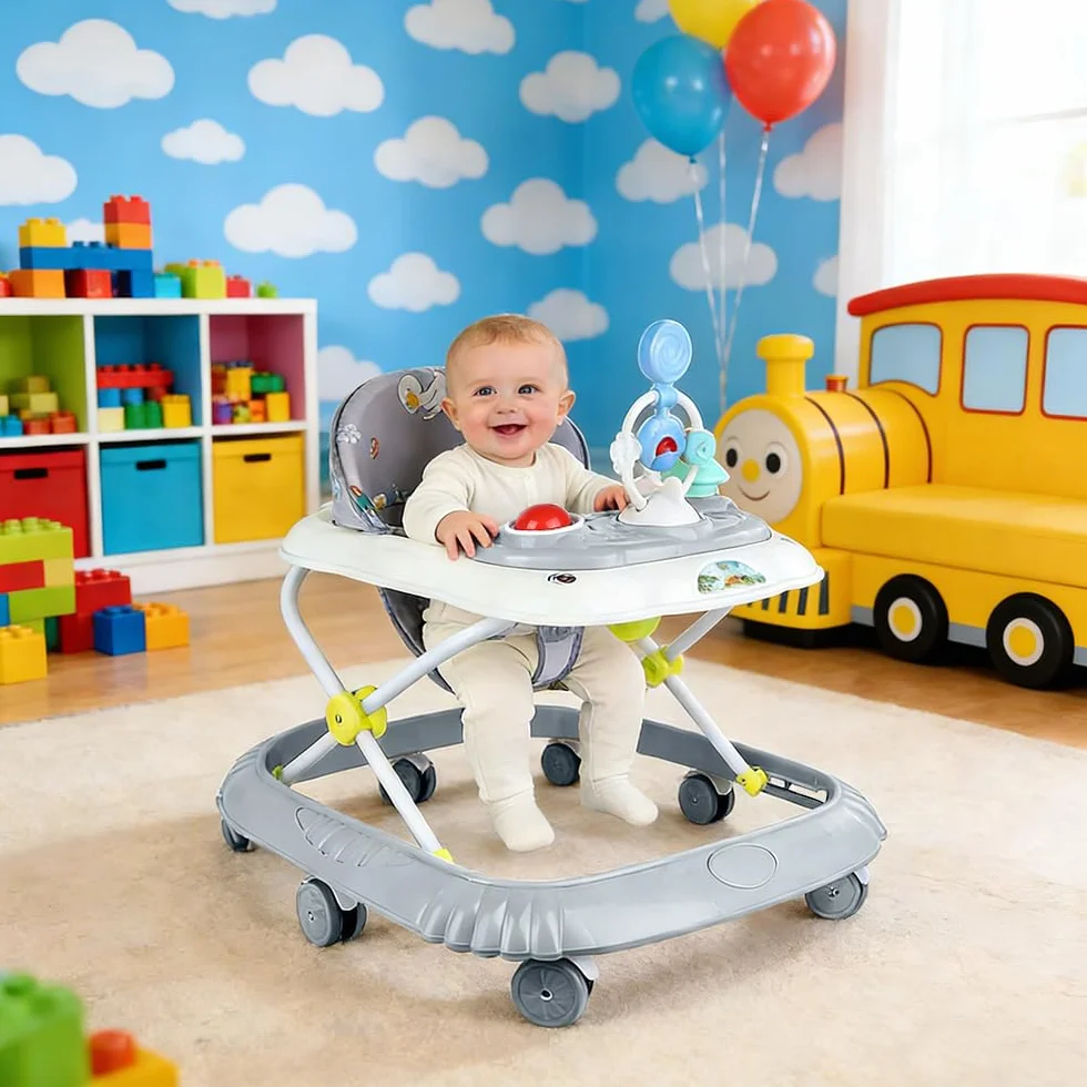 Trotteur Bébé 4 en 1 Pliable avec Plateau d'Activités Musical, 4 Hauteurs Réglables, Gris 58x55x65 cm