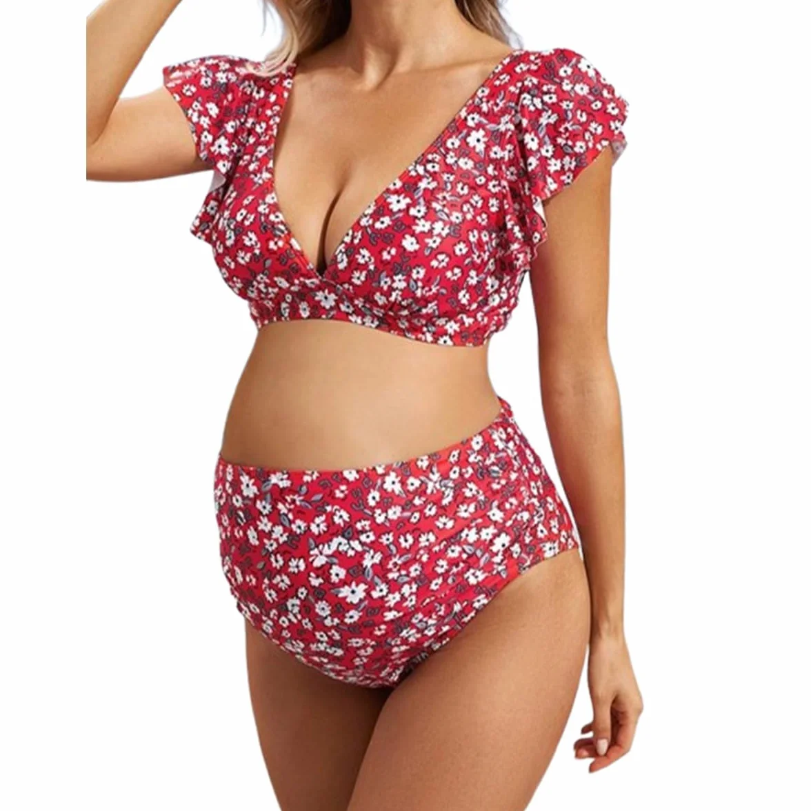 Maillot de bain de grossesse 2 pièces imprimé col en V fendu