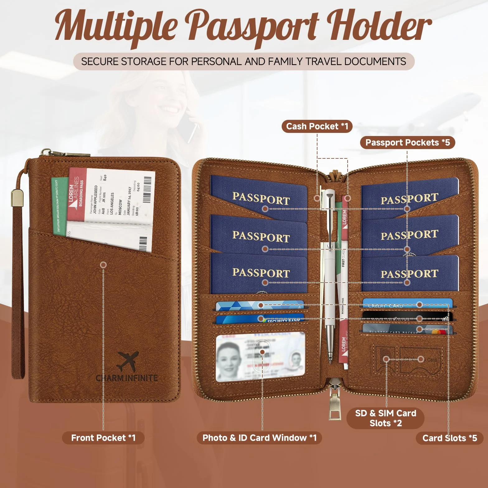 Likesing Porte-passeport familial cuir RFID fermeture éclair organiseur voyage dragonne Noir