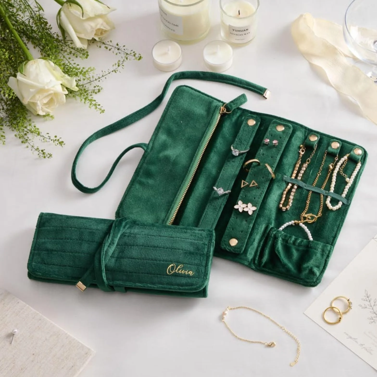 Rouleau à bijoux en velours personnalisé, organisateur de voyage, cadeau pour femme