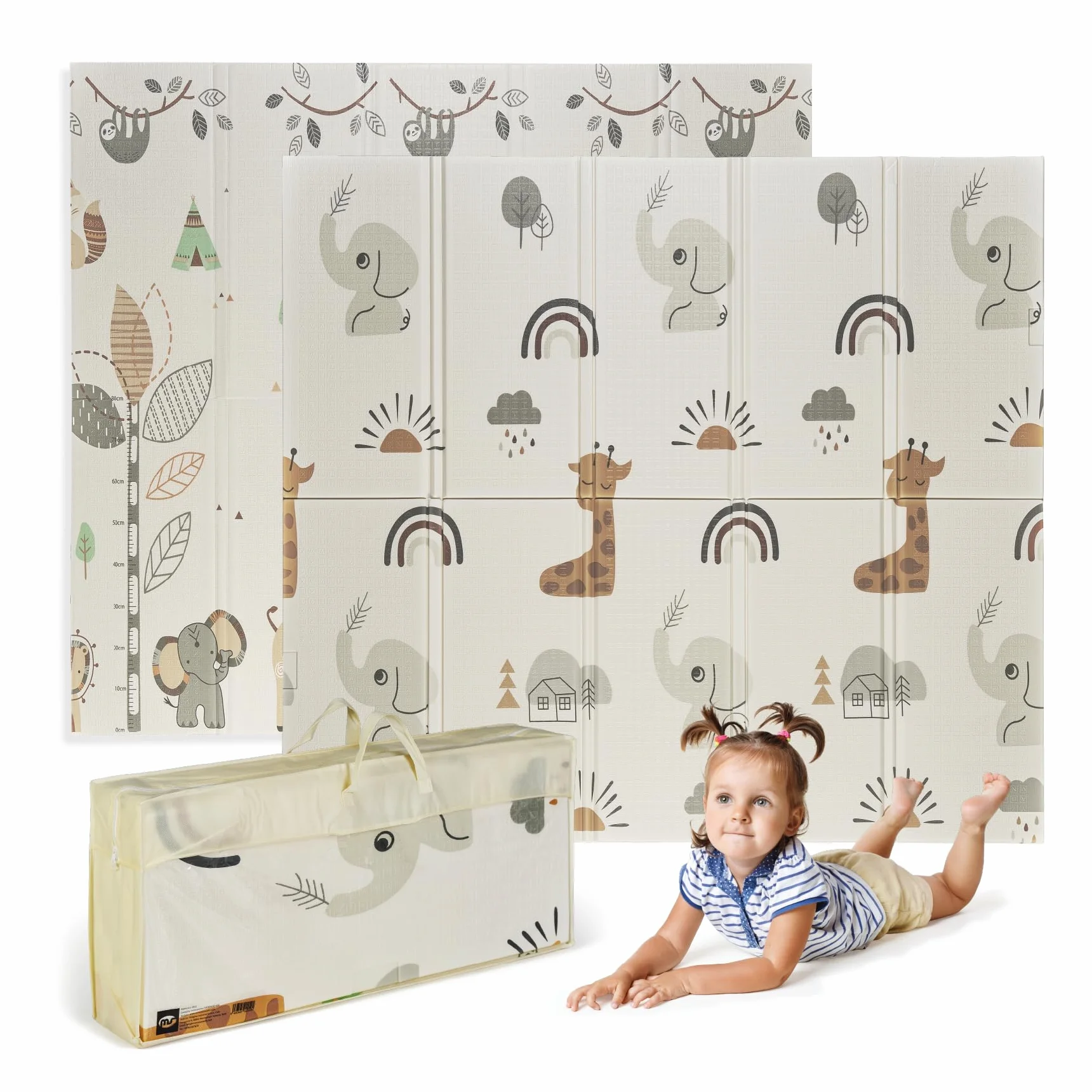 Tapis de Jeu Bébé 180x200 cm Double Face Rembourré 1,5 cm Pliable avec Sac de Transport Éléphant Arc-en-ciel