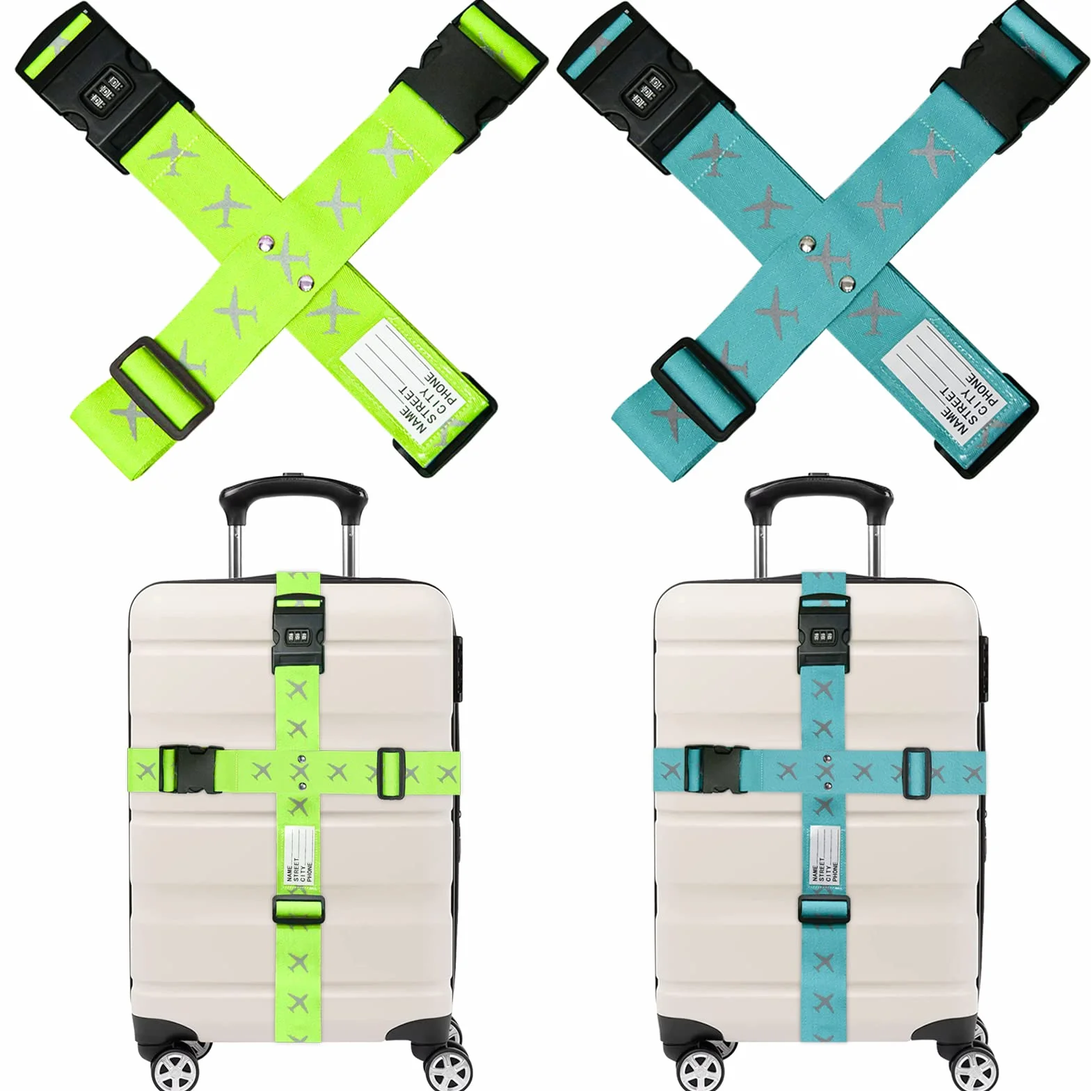 AOKITO Sangle Valise 4 Pièces avec Serrure à Combinaison Réglable pour Valises 20-34 Pouces Lac Bleu et Vert Vif