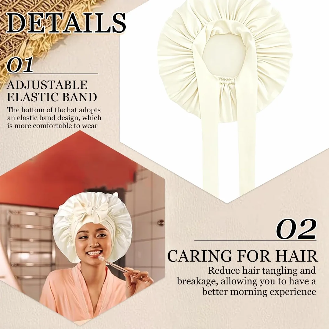 Bonnet en Soie Nuit pour Dormir, Bonnet de Nuit en Satin Ajustable, Bonet Soie Cheveux Femmes Couchage Maquillage (Blanc)
