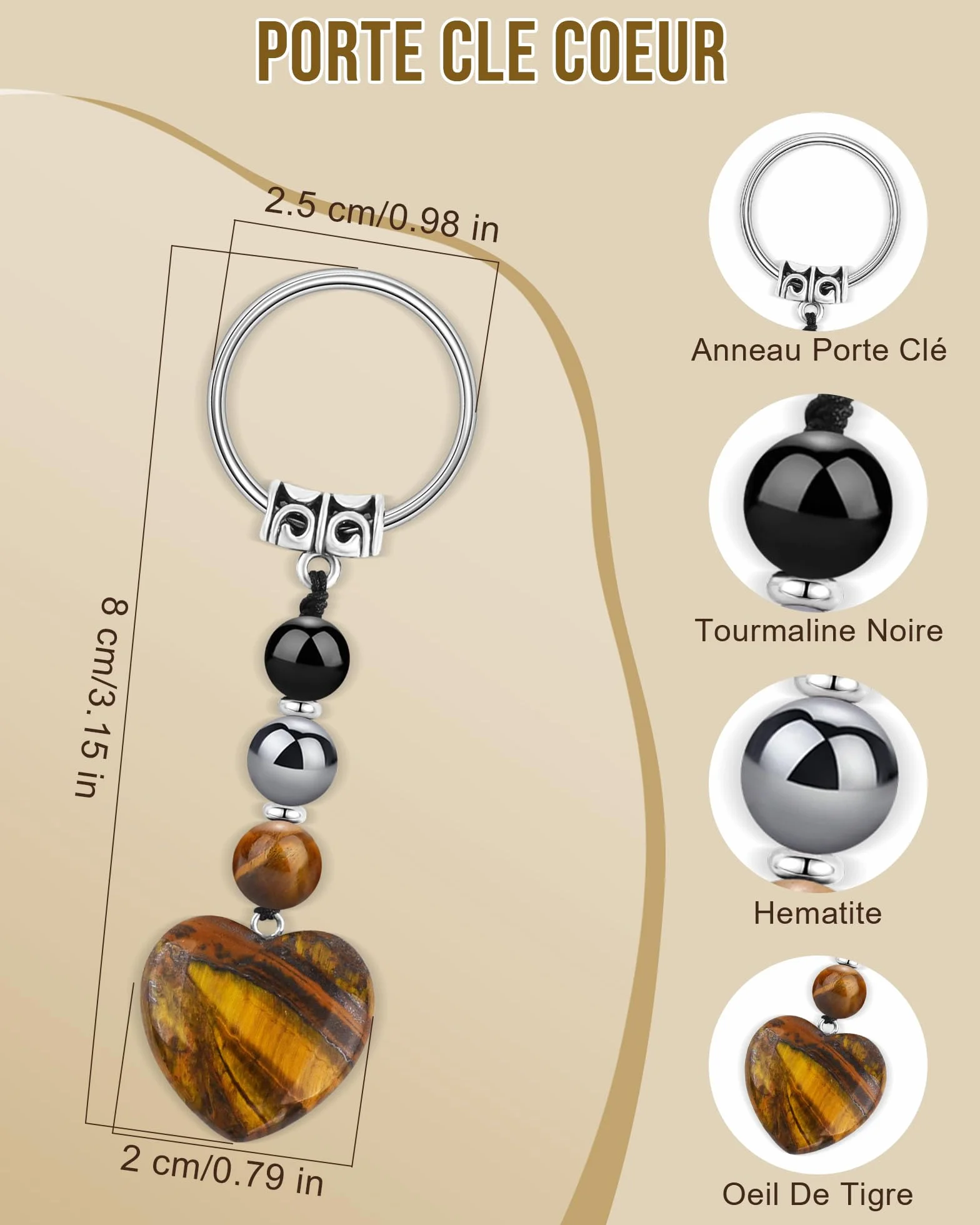 Seyaa Porte Clef Coeur en Oeil de Tigre Cadeau Homme Papa