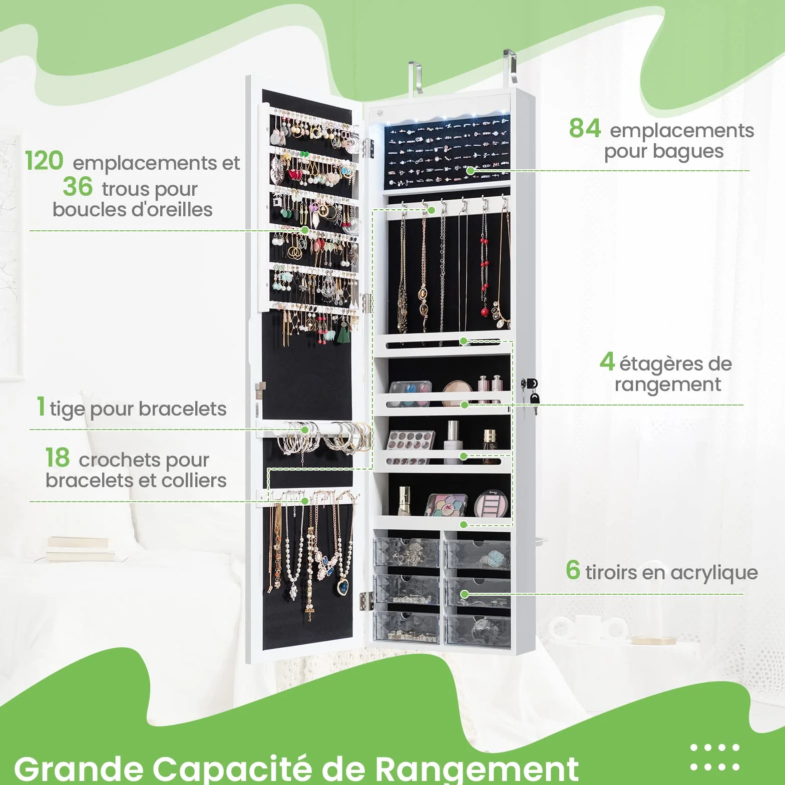 COSTWAY Armoire à Bijoux Murale LED 5 Lumières avec Miroir 6 Tiroirs 36,5 x 11,5 x 120 cm Blanc