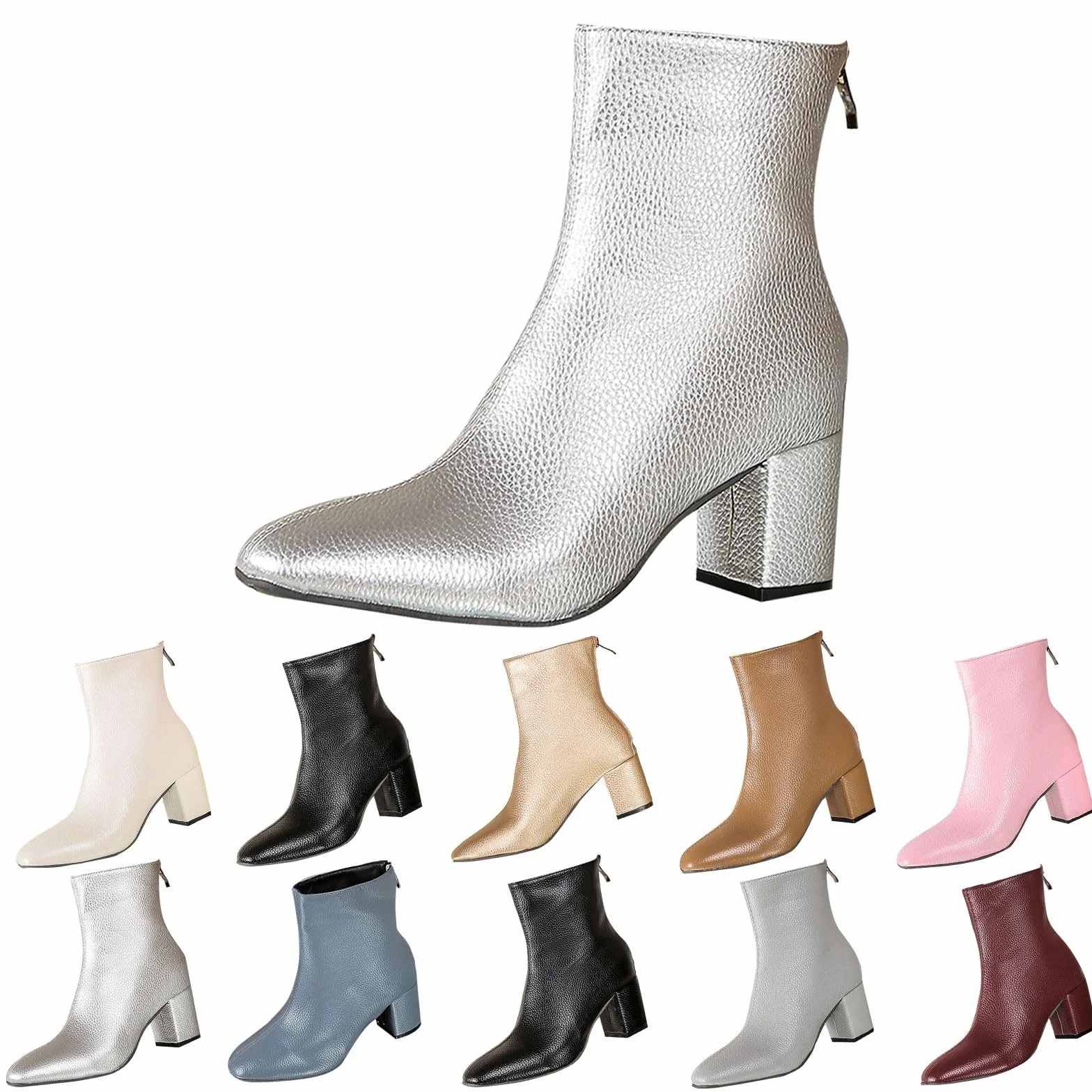 Bottines femme cuir talon fermeture éclair antidérapantes chaudes pointues hiver