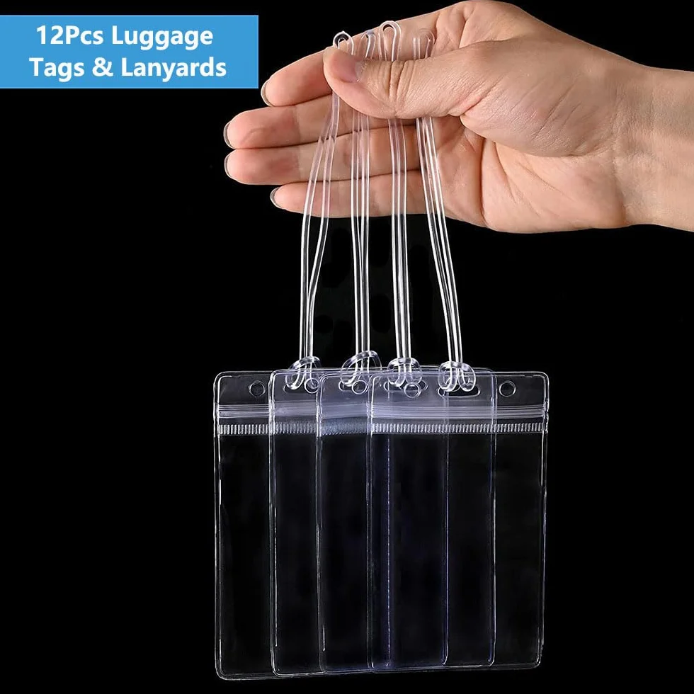Lot de 12 porte-étiquettes de bagage transparentes imperméables pour valises avec cordon