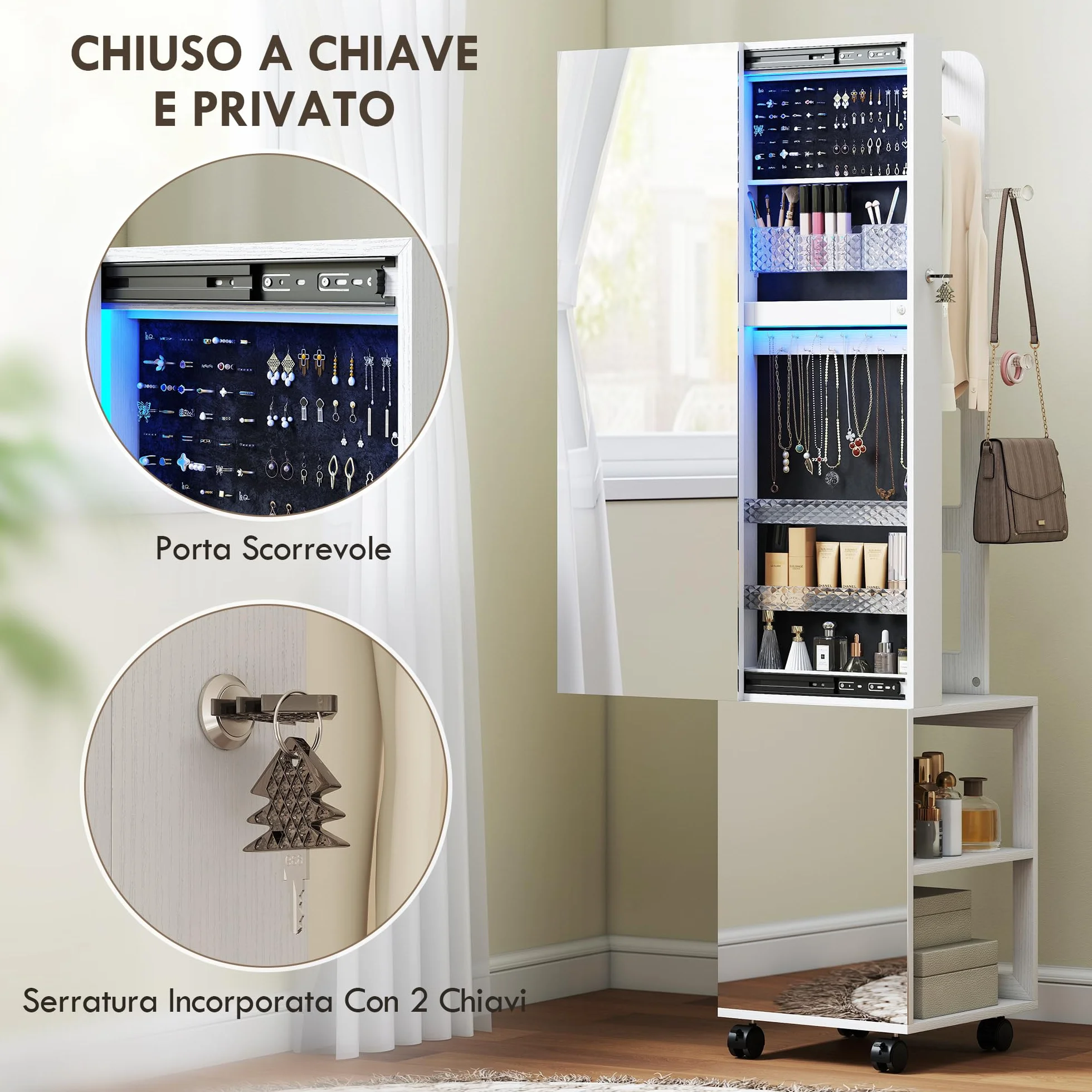 HOMCOM Armoire à bijoux pivotante 360° avec miroir LED, organisateur verrouillable, blanc